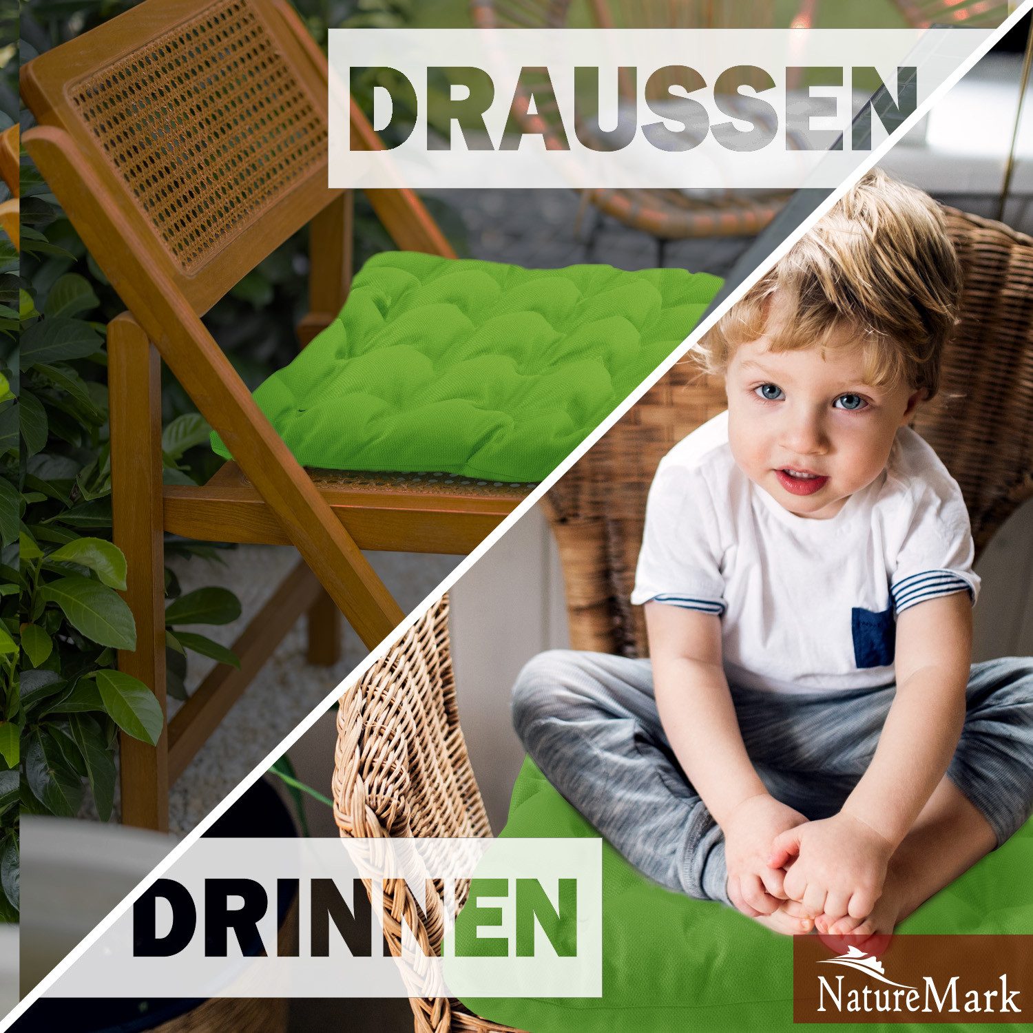 NatureMark Sitzkissen 4er-Set Stuhlkissen 40x40cm mit Bändern, Sitzpolster Kissen 4er Pack, schadstoffgeprüft, Apfel grün – Bild 5 von 5