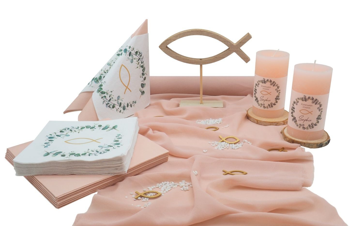 ZauberDeko Tischdecke Tischdeko Kommunion Konfi Rosa Apricot Eukalyptus Fisch Gold MIT NAME