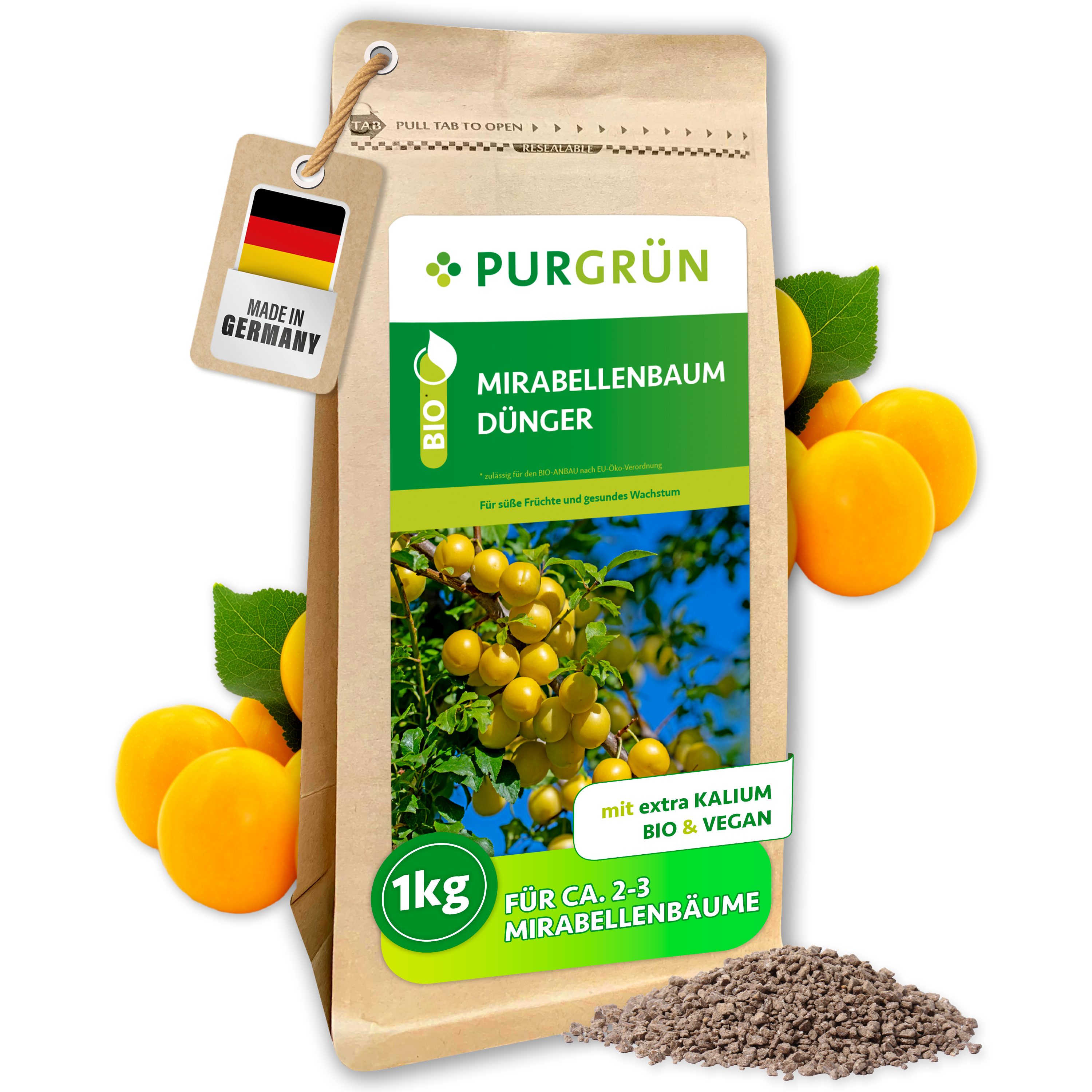 Purgrün Obstdünger Bio Mirabellenbaum Dünger, NPK 6+2+7, Magnesium, 1 kg, Granulat, 1-St., 1 kg