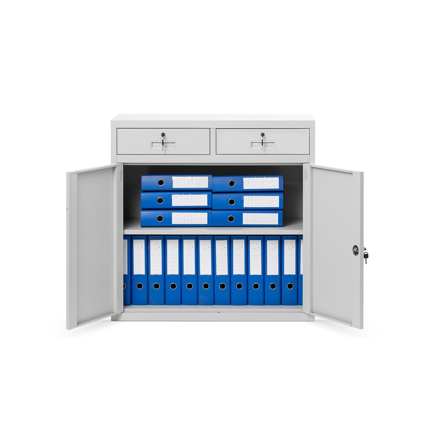 Jan Nowak Aktenschrank Metall Schrank mit Schubladen 90 cm LENA 2 Schubladen Stahl (Stahl 0,6 mm PZH-zertifiziert DSGVO-konform 90 x 90 x 40 cm) Büroschrank abschließbar kompakt Schloss 2 Schlüssel robust Grau