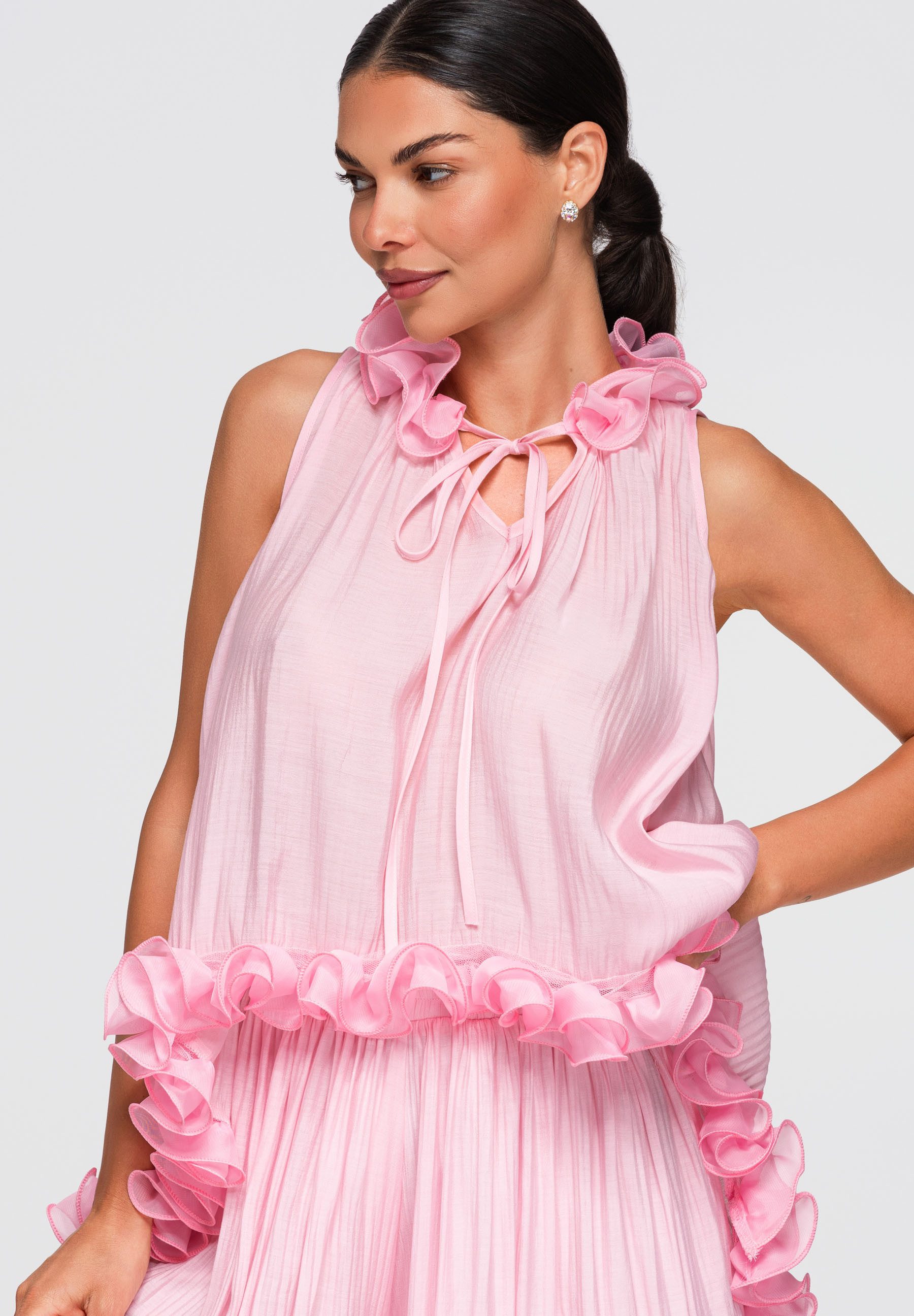 OMBRE Blusentop Damen Blusentop mit asymmetrischem Schnitt und Rüschen Pink S/M (kein Set, 1-tlg) fließender Stoff