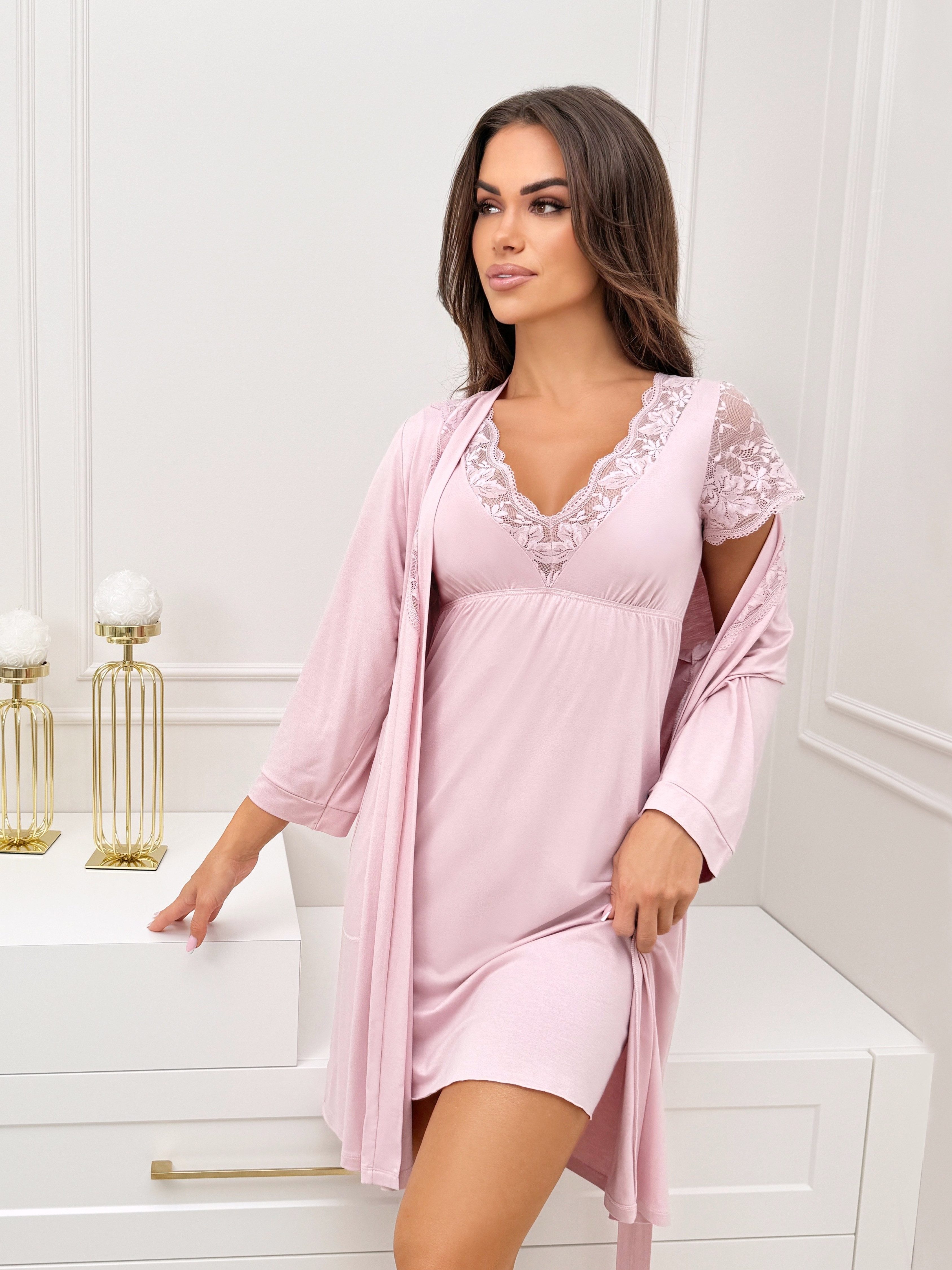 Donna Nachthemd Damen-Negligé Damen Sleepshirt mit Spitzen-Kurzarm