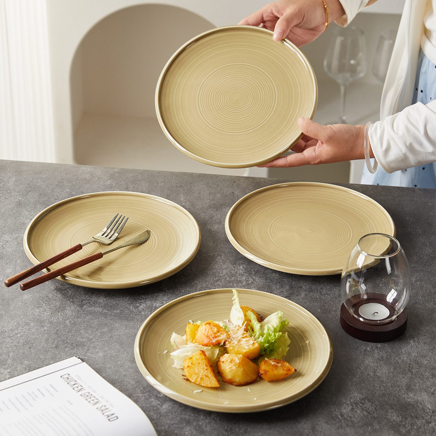 JIWOO Speiseteller 4er Ø21,8cm, Frühstücksteller Pastateller Teller Brotteller Plate, (4 St), Hochwertiges Tellerset Braun Mikrowellenofen Spülmaschine Ø 21,8cm