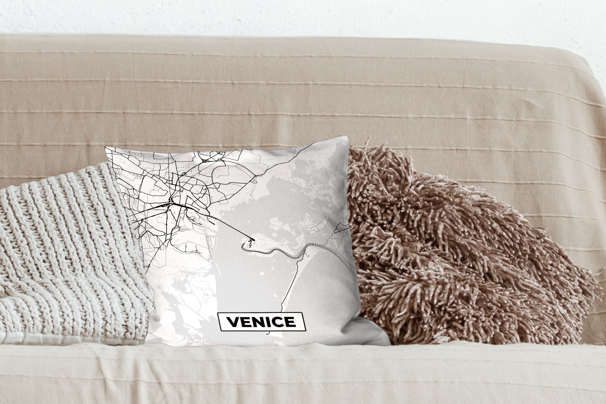 MuchoWow Dekokissen Venedig Wohzimmer, Sofakissen mit Füllung - und Schlafzimmer, - für Deko, Schwarz Zierkissen Karte Stadtplan - weiß