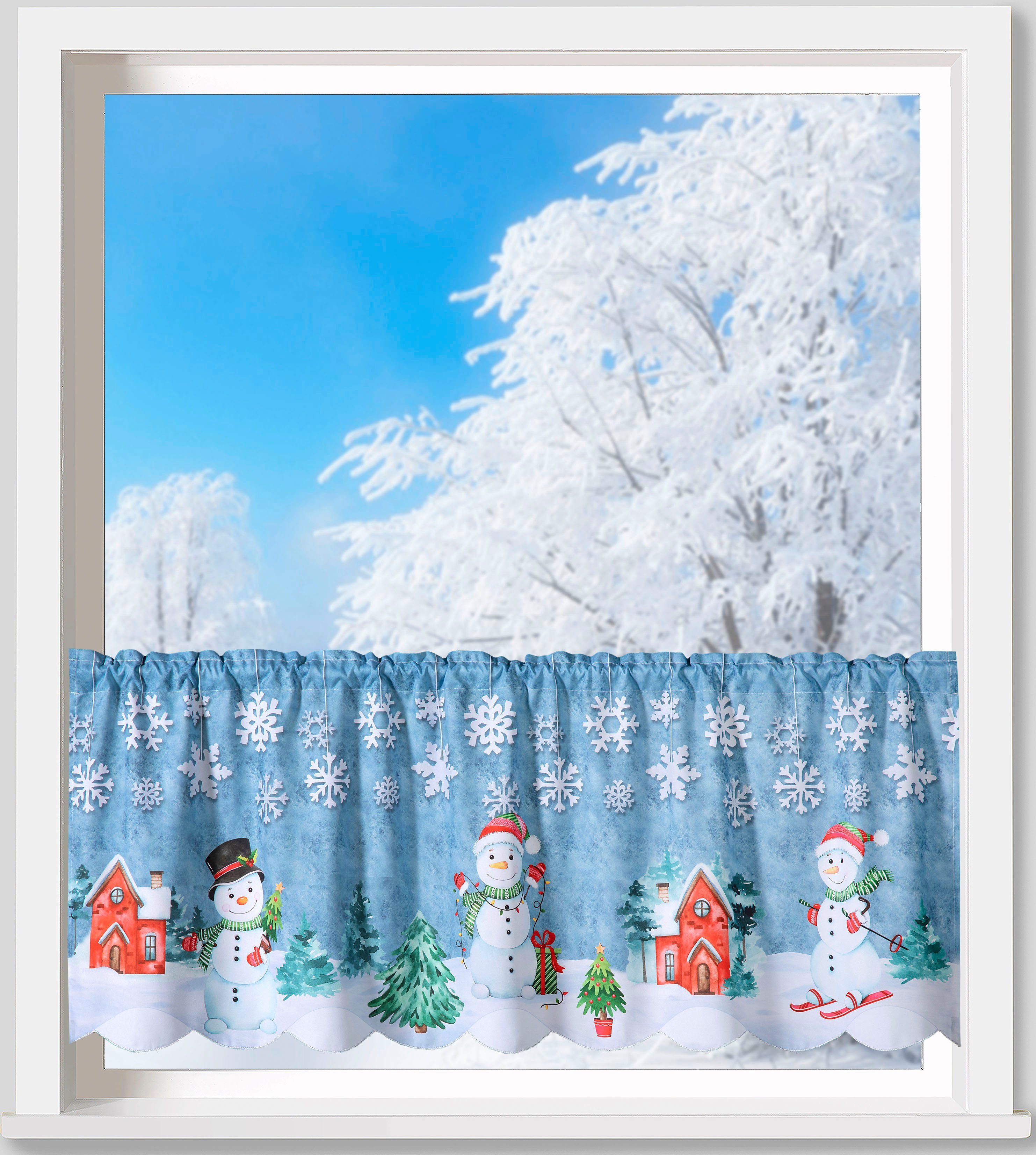 Weckbrodt Scheibengardine Schneemann (1 St), Stangendurchzug, blickdicht, Microfaser, Bistro, Gardine, Tunnelzug, blickdicht, bedruckt, HxB 45x120cm, Store