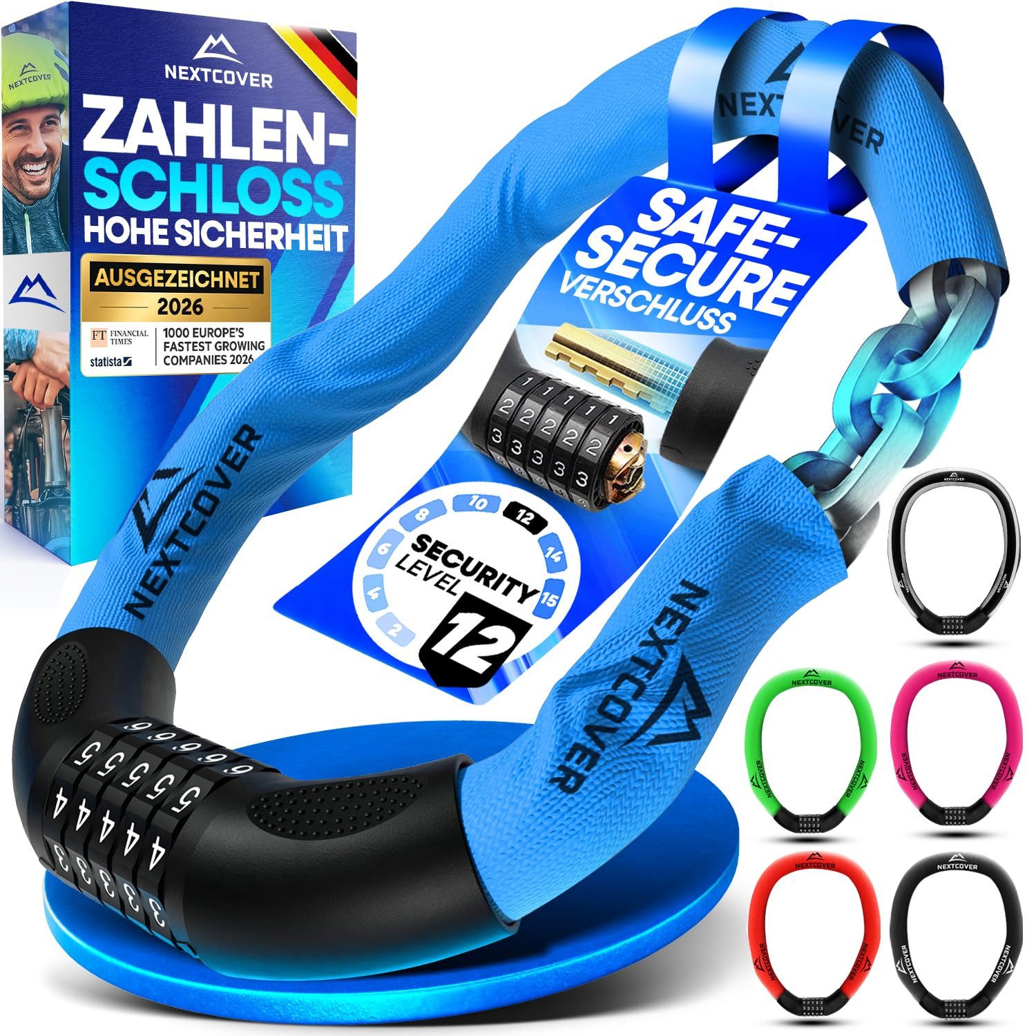 Nextcover Kettenschloss Fahrradschloss mit Zahlencode - Sicherheitsverschluss