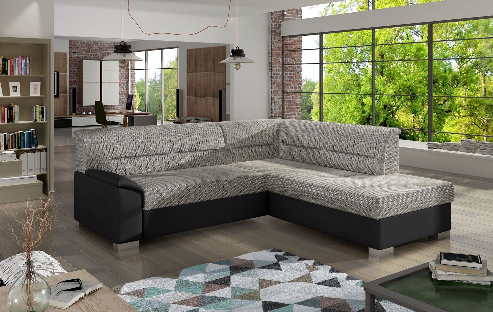 JVmoebel Ecksofa Design Ecksofa Schlafsofa Bettfunktion Couch Leder Textil Polster, Mit Bettfunktion Hellgrau / Schwarz