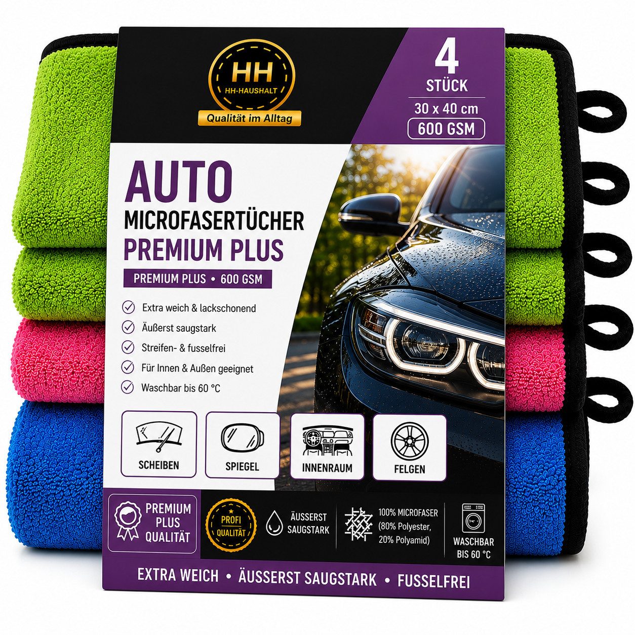 HH-Haushalt Auto Microfasertücher Premium Soft 600 GSM 30 x 40 cm 4er Set Pflegetuch (Polyester, 30x40 cm, Ultra Dry – Stark absorbierend, fusselfrei, weich, 20-tlg., Starke Saugkraft, Fusselfrei, Weich, Farblich sortiert, Fusselfrei, saugstark, weich, fü