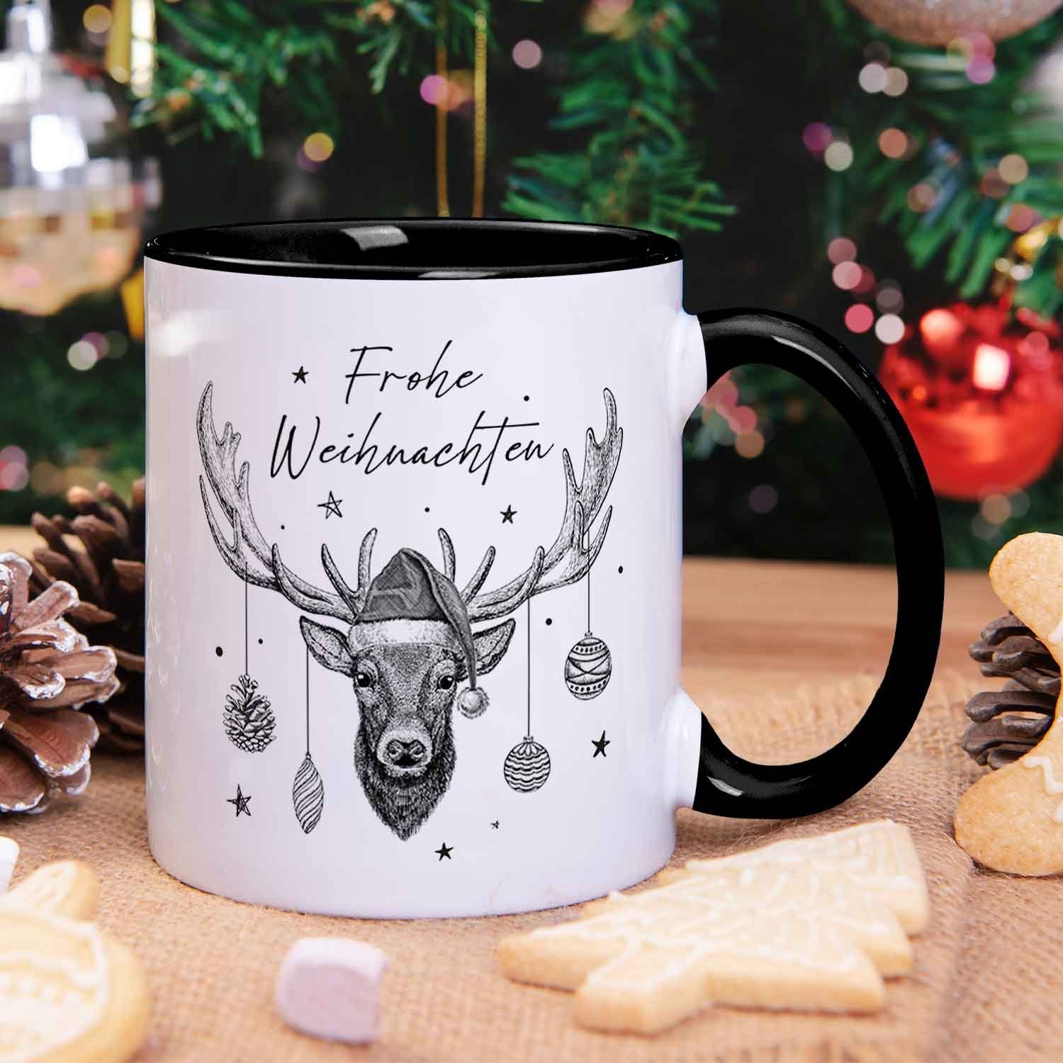 GRAVURZEILE Tasse mit Weihnachtsmotiv - Frauen Weiß Frohe für und & Elch Schwarz - Weihnachten, Geschenke Weihnachten zu Männer