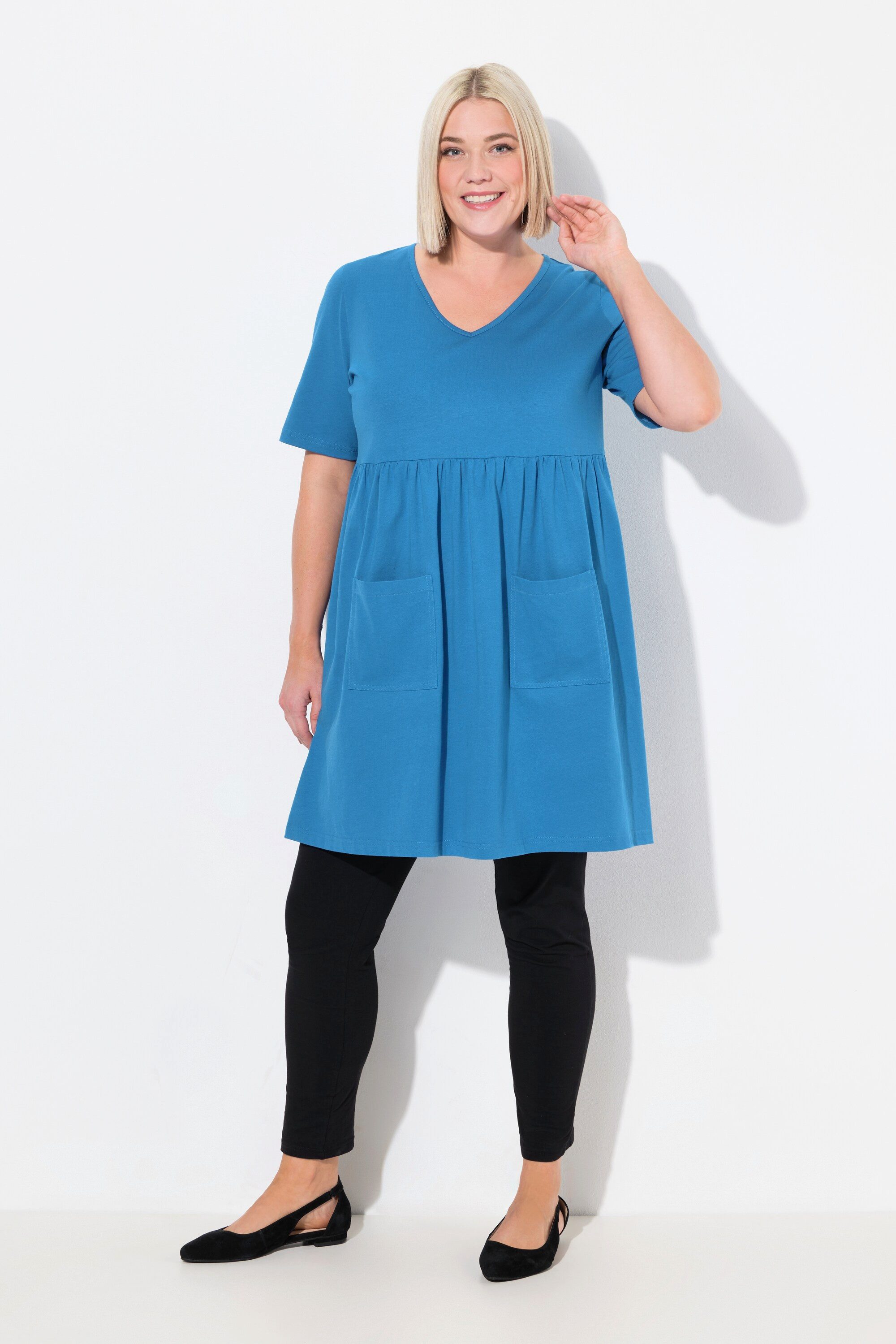 Longshirt Longshirt Empirenaht A-Linie V-Ausschnitt Halbarm