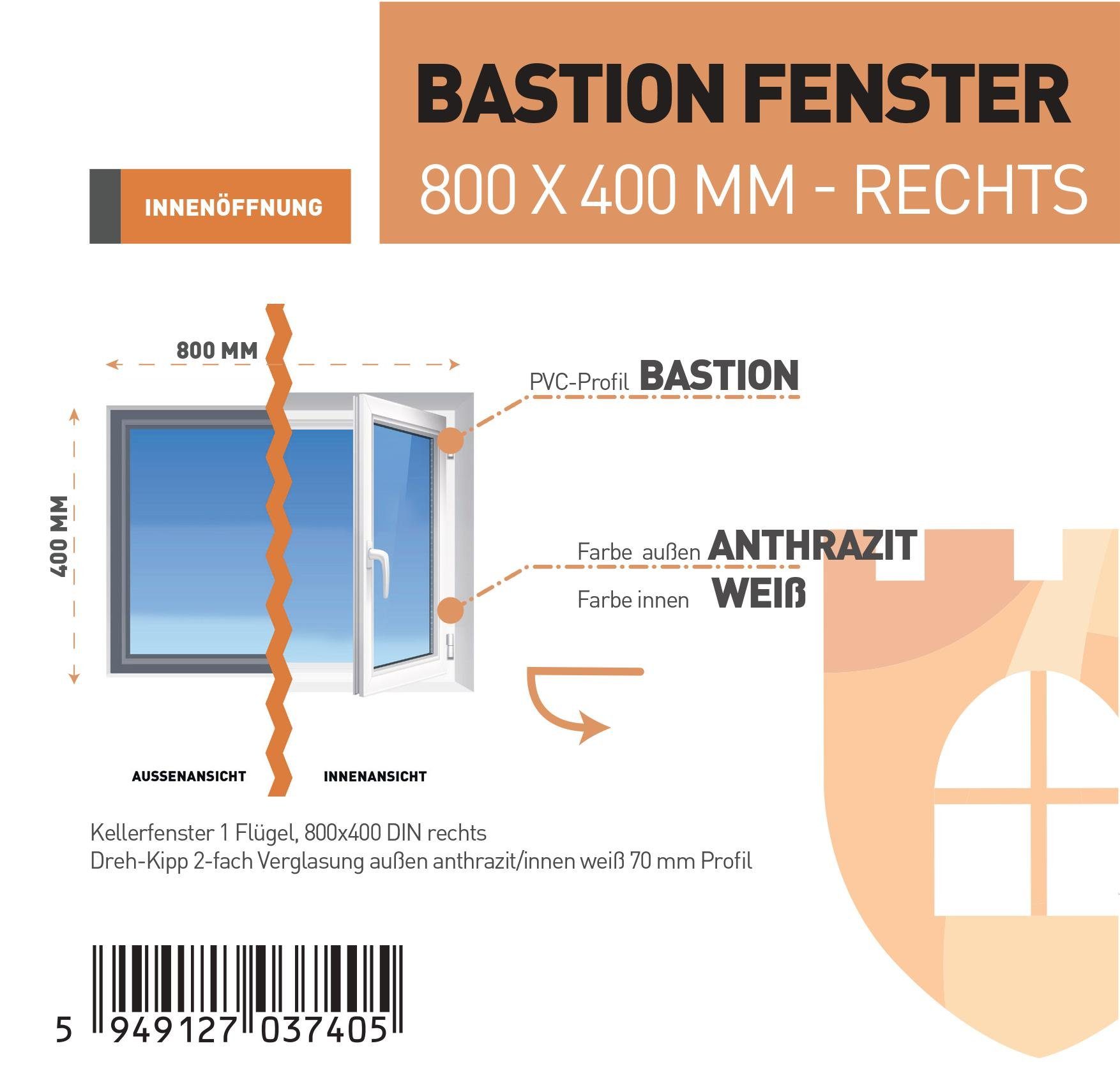 SN DECO GROUP Kellerfenster 1 Flügel, 800x400, außen anthrazit/innen weiß, 70 mm Profil, (Set), RC2 Sicherheitsbeschlag, Hochwertiges 5-Kammer-Profil