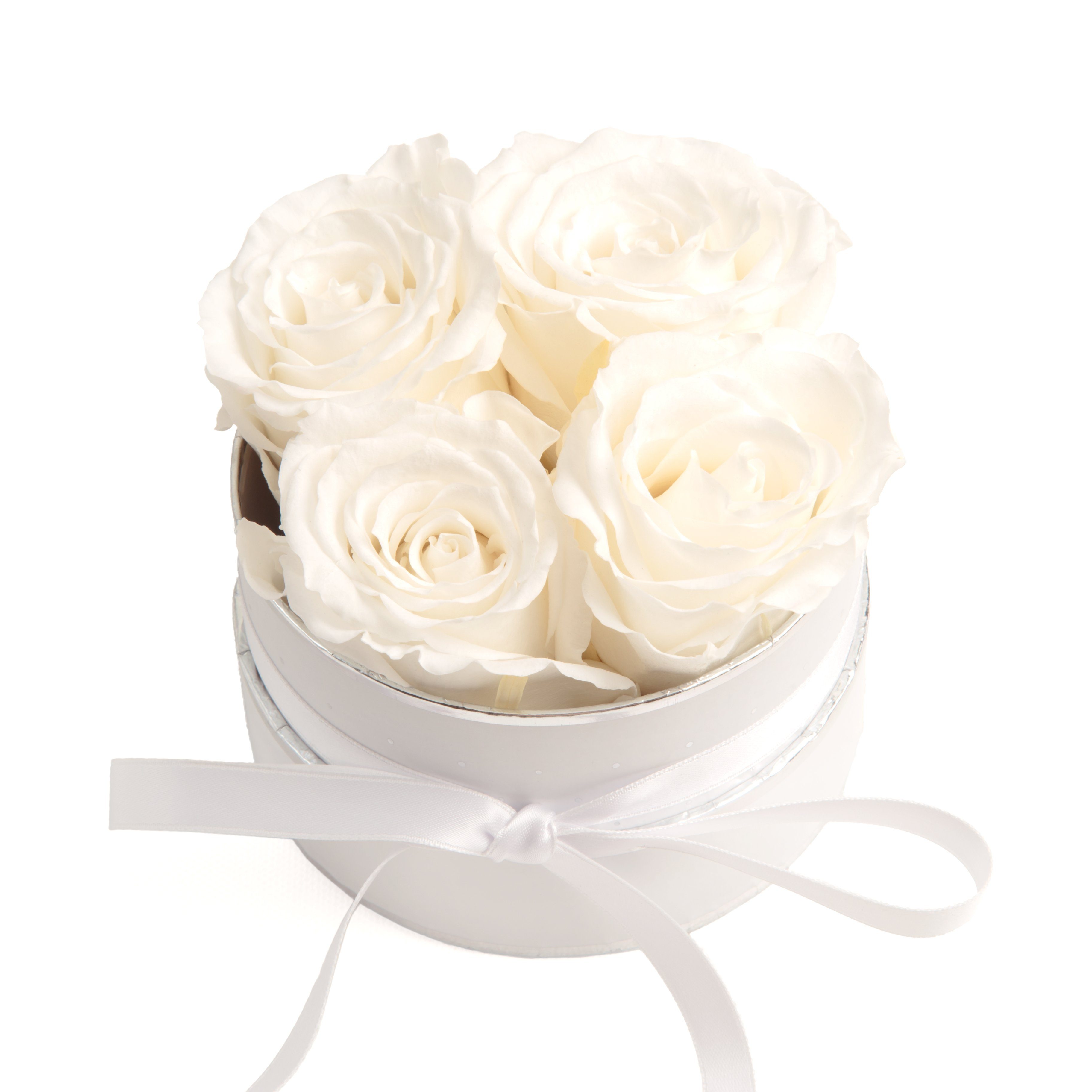 Kunstblume Rosenbox weiß rund 4 Infinity Rosen inklusiv Geschenkbox Rose, ROSEMARIE SCHULZ Heidelberg, Höhe 10 cm, echte Rosen haltbar 3 Jahre, Made in Germany