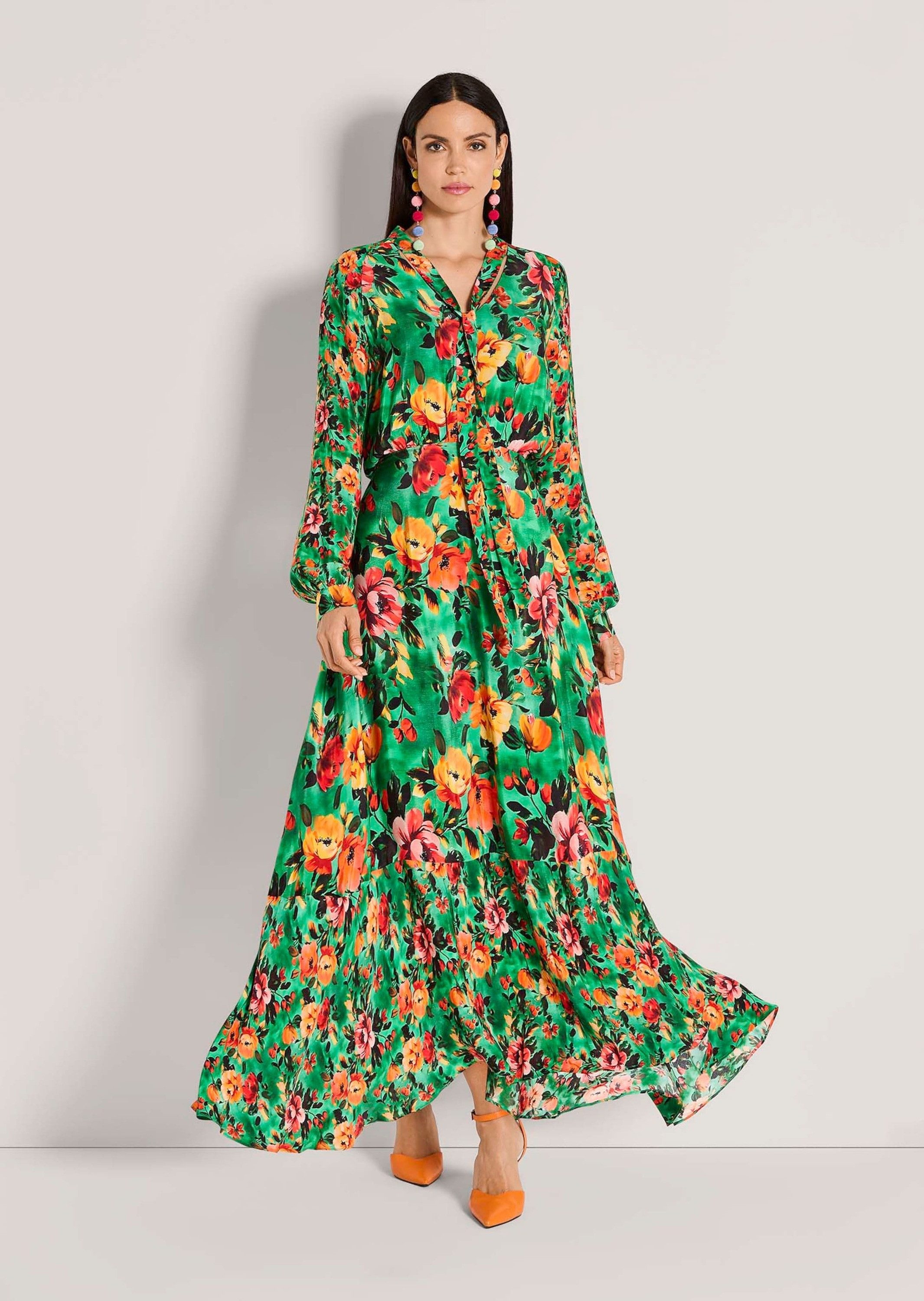 MADELEINE Maxikleid Stretchkleid mit Blumenmuster Maxikleid mit V-Ausschnitt, Bindeband und Langarm