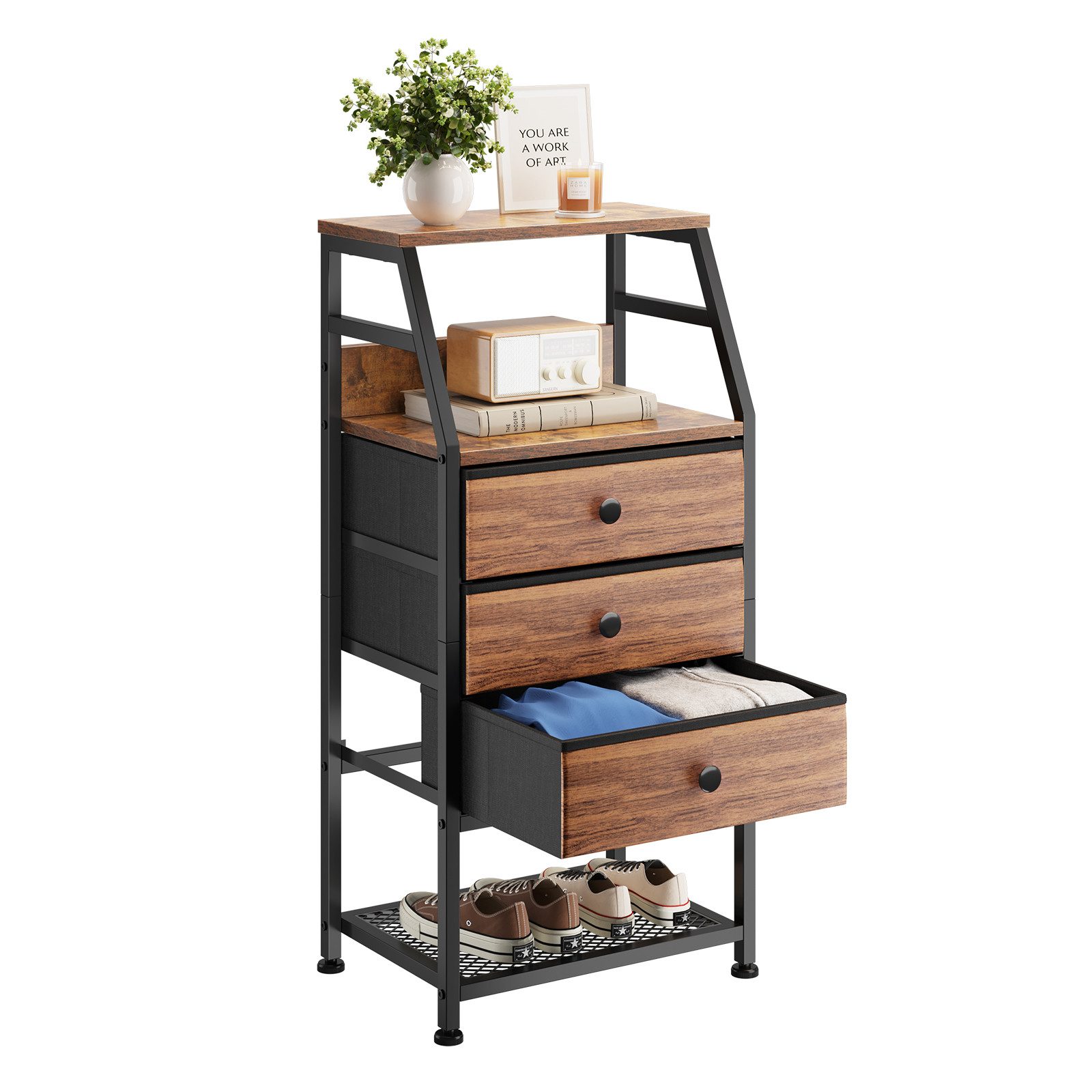OUNUO Kommode mit 3 Выдвижные ящики aus Stoff Holzplatte und Schuhregal 43 x 30 x 88,5 cm