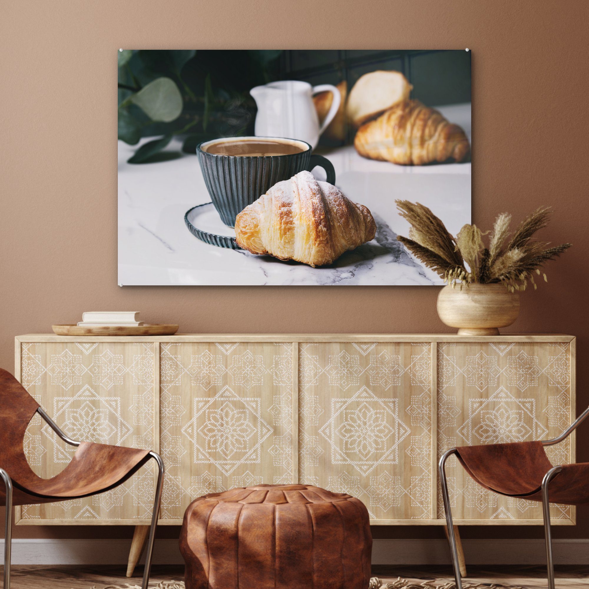 Acrylglasbild mit Schlafzimmer Kaffee, St), Wohnzimmer einer (1 Tasse & MuchoWow Acrylglasbilder Croissant