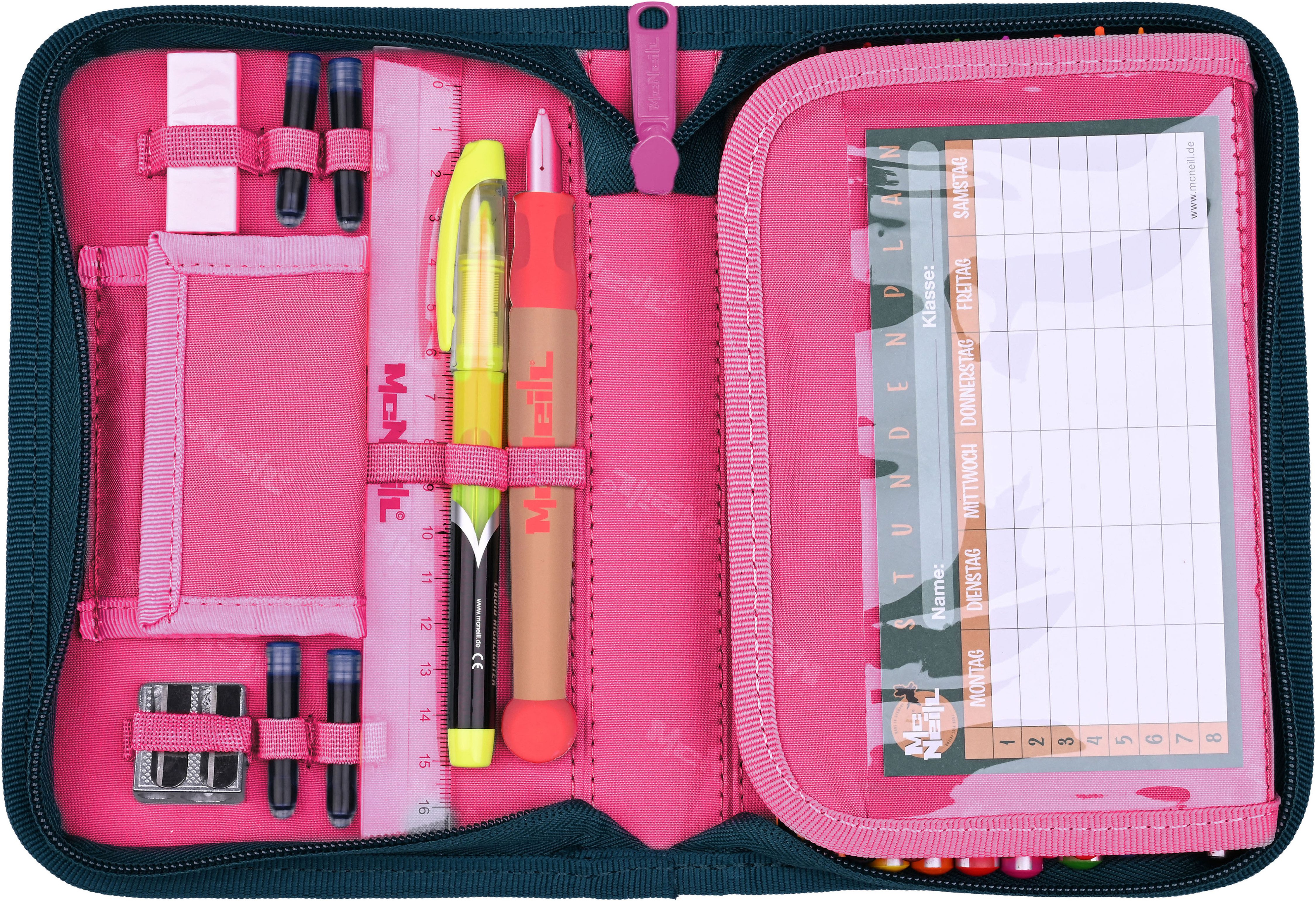 McNeill Schulranzen Primo, inkl. Etui, Turnbeutel, (Set, 9-tlg., Schlamperrolle, Trinkflasche, Lunchbox, 2 Magnete & 1 Anhänger)