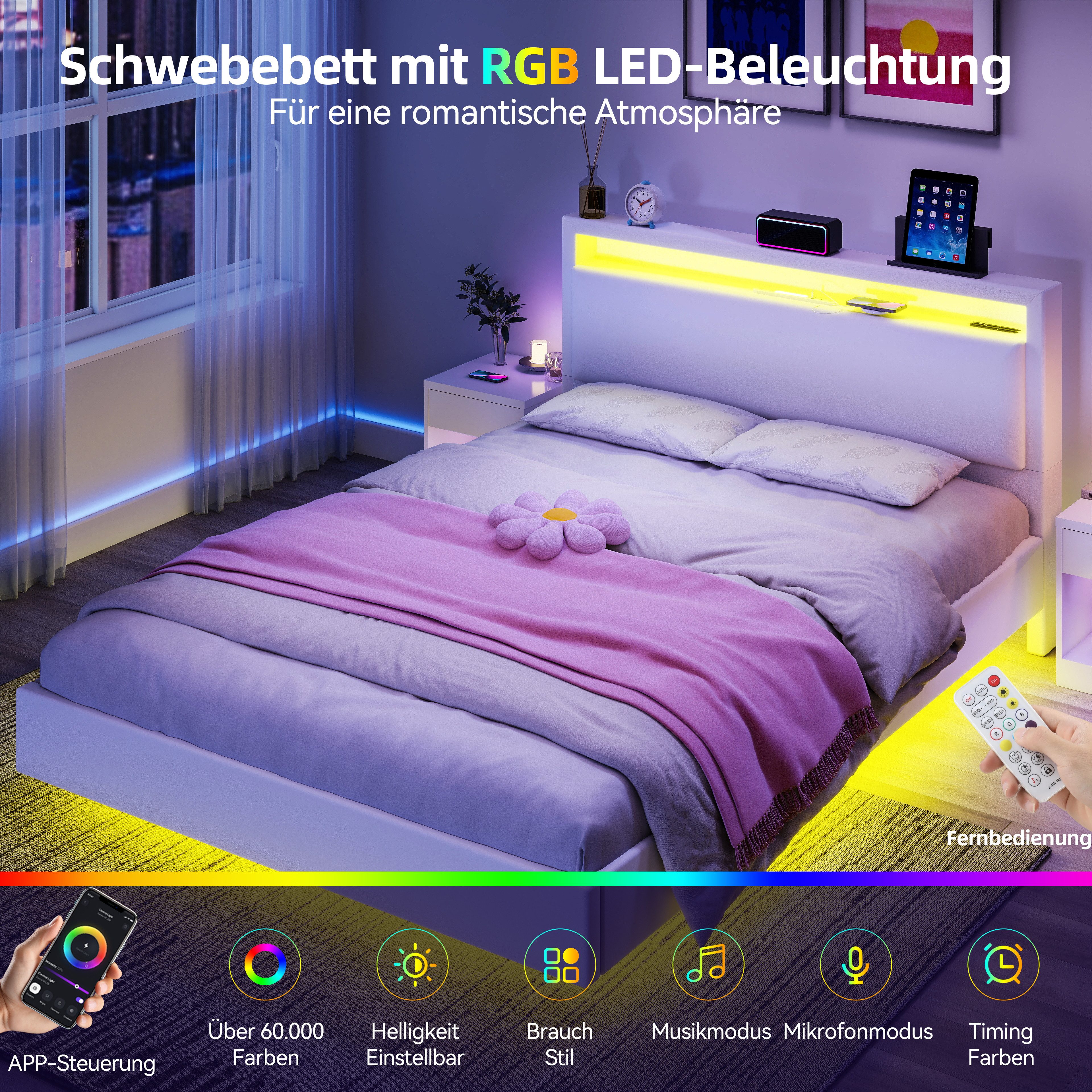oyajia Polsterbett Schwebebett mit USB Ladefunktion und LED-Beleuchtung, Schwebender visueller Effekt, Jugendbett Bettgestell 140x200cm