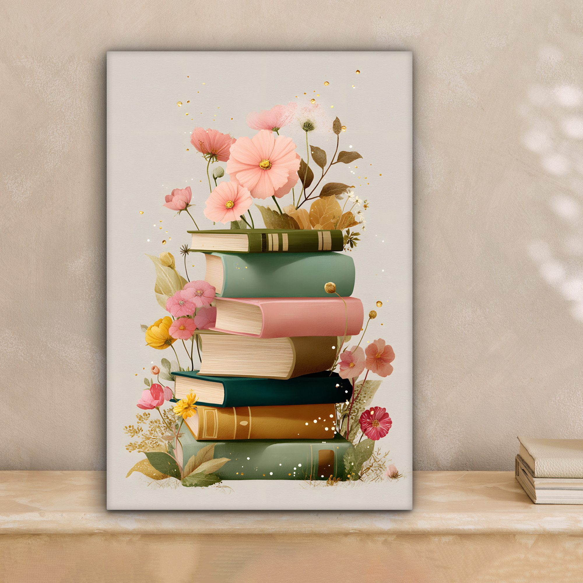 OneMillionCanvasses® Leinwandbild Bücher - Stapel - Blumen - Farbenfroh, Fo günstig online kaufen