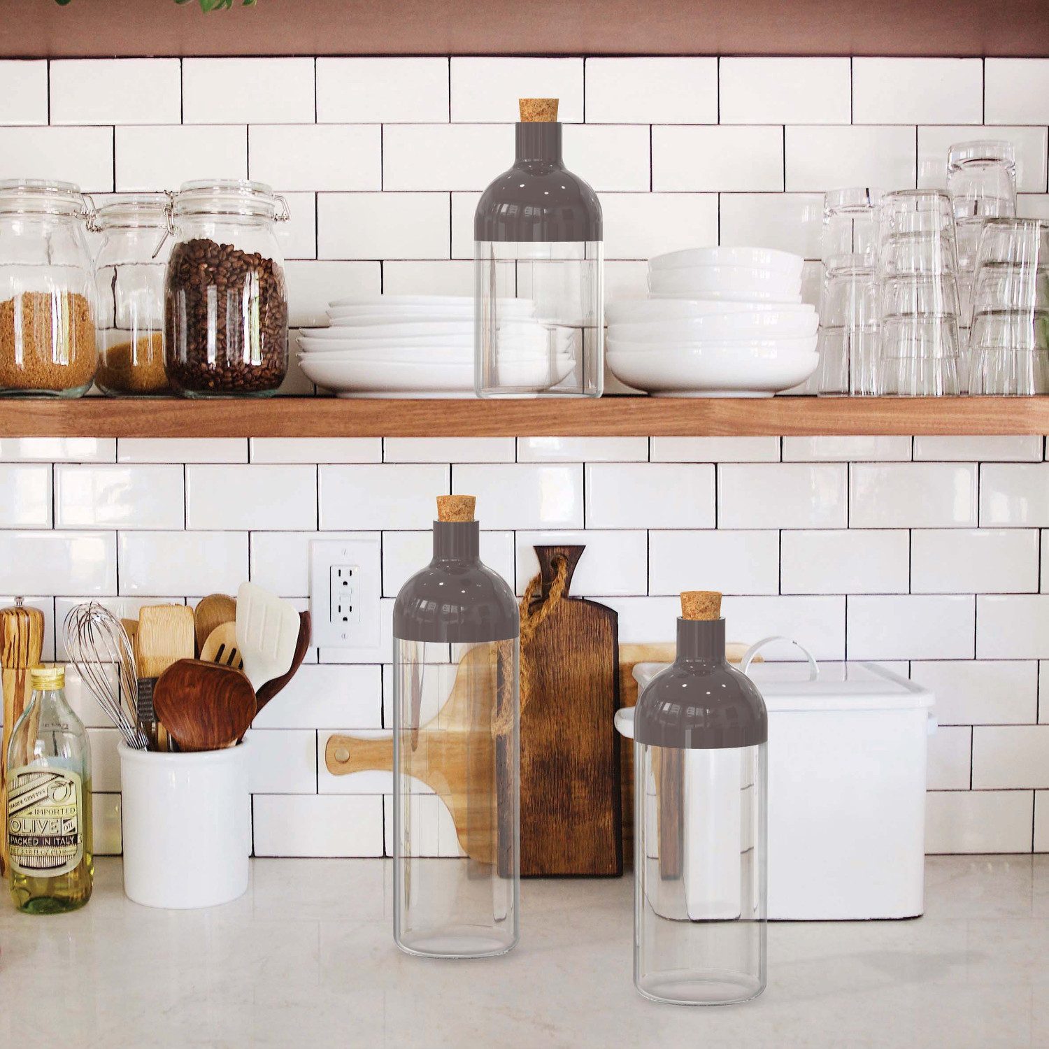 meberg Frischhaltedose Flaschenform 3er Set Vorratsdosen Aufbewahrungsbehälter BPA frei, (Aufbewahrung für trockene Lebensmittel, Behälter mit Korkverschluss, Küchenzubehör modern), Küchenorganisation, Spaghetti Behälter, Nussaufbewahrung, Reisbehälter