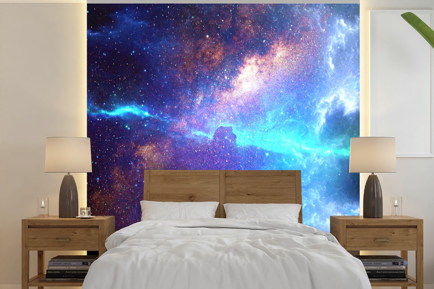 MuchoWow Fototapete Sterne - Weltraum - Blau, Matt, bedruckt, (5 St), Vinyl Tapete für Wohnzimmer oder Schlafzimmer, Wandtapete
