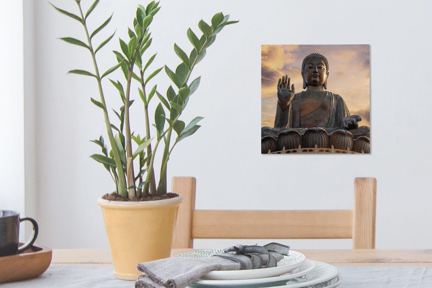 Sonnenuntergang St), dem für in Tan Leinwandbild Buddha hinter Leinwand OneMillionCanvasses® Wohnzimmer Hongkong, (1 Schlafzimmer Bilder Tian