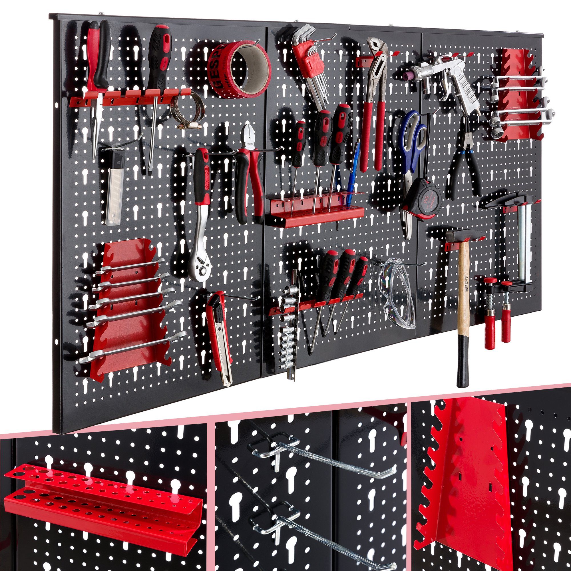 Arebos Lochwand Werkzeugwand dreiteilig, 17-teiliges 17 Rot/Blau, (Set) mit Haken, 3 Stk., Hakenset Schwarz/Rot