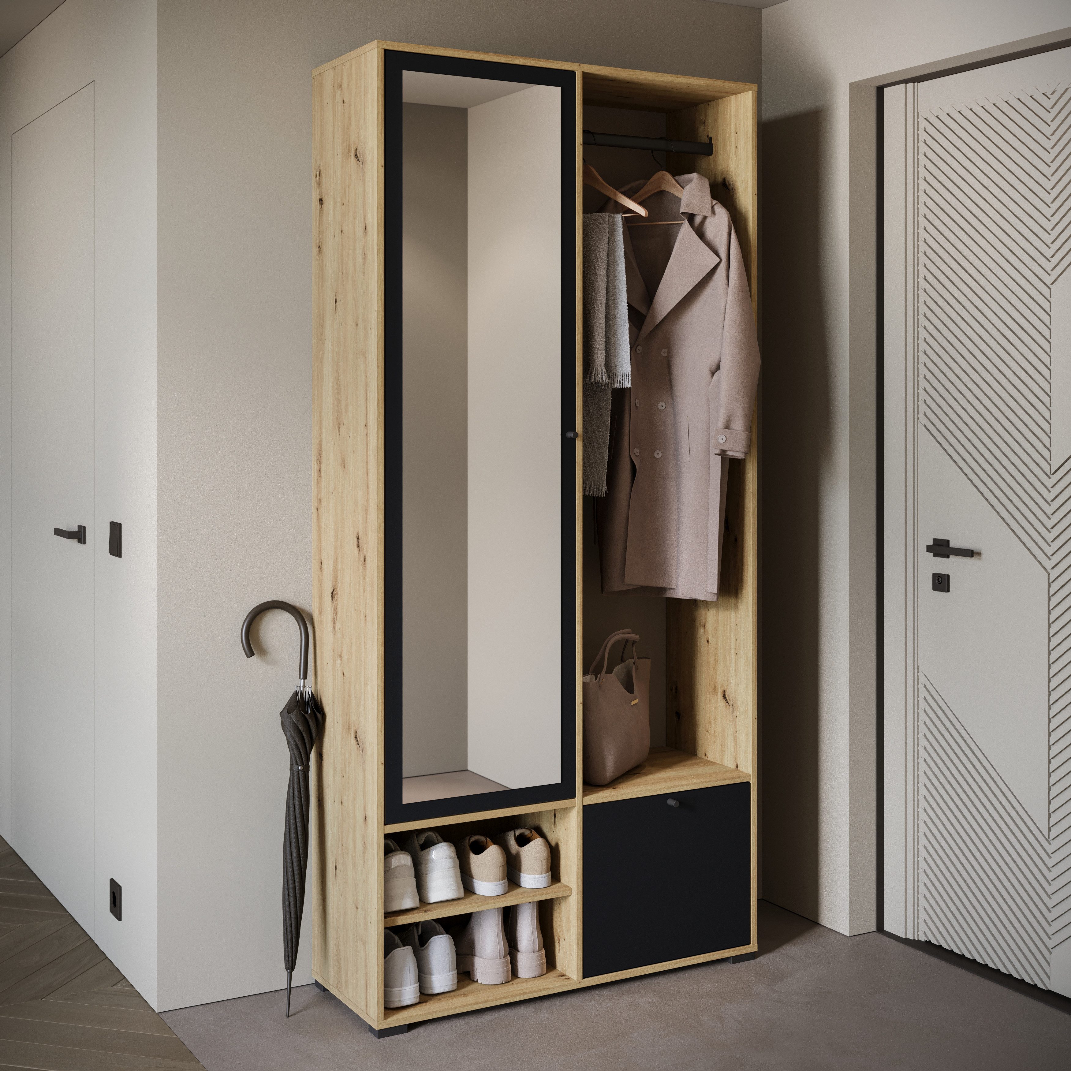 Home affaire Garderobenschrank DINO Kompaktgarderobe, Garderoben-Set DINO Mit Spiegel und Kleiderstange, 90 cm breit, Türanschlag wechselbar – Bild 4 von 5