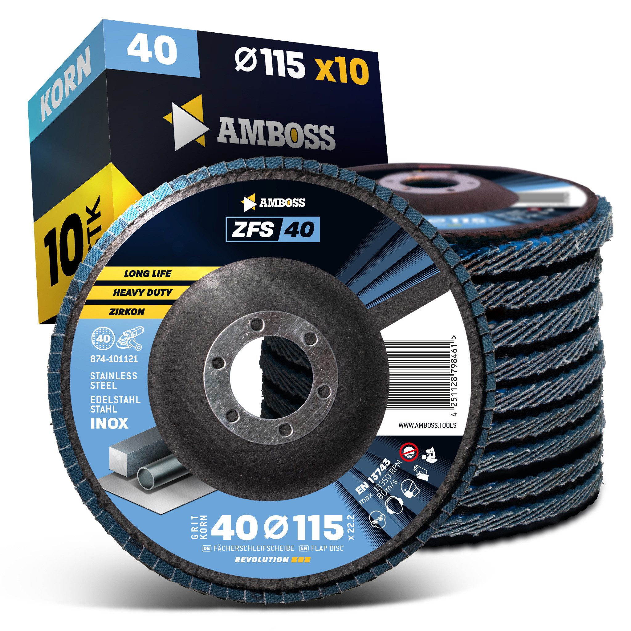 Amboss Werkzeuge Schleifscheibe 10x Amboss Fächerschleifscheibe Korn:40 Ø115mm, 22.23 mm (Bohrung)