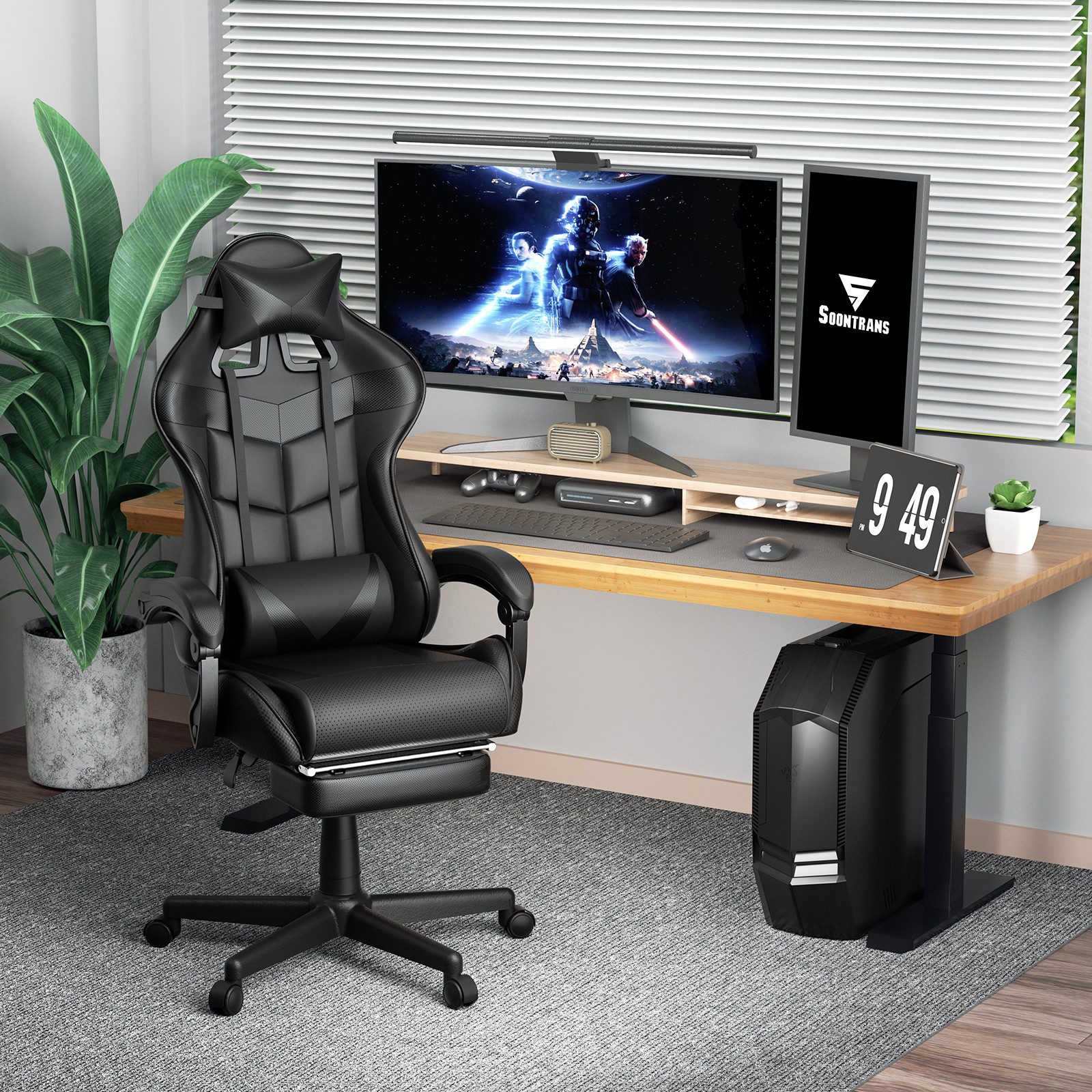 SOONTRANS Gaming-Stuhl mit Massagefunktion, Fußstütze, Kopf- und Lendenkissen, ergonomisches Design, mit verstellbarer Rückenlehne