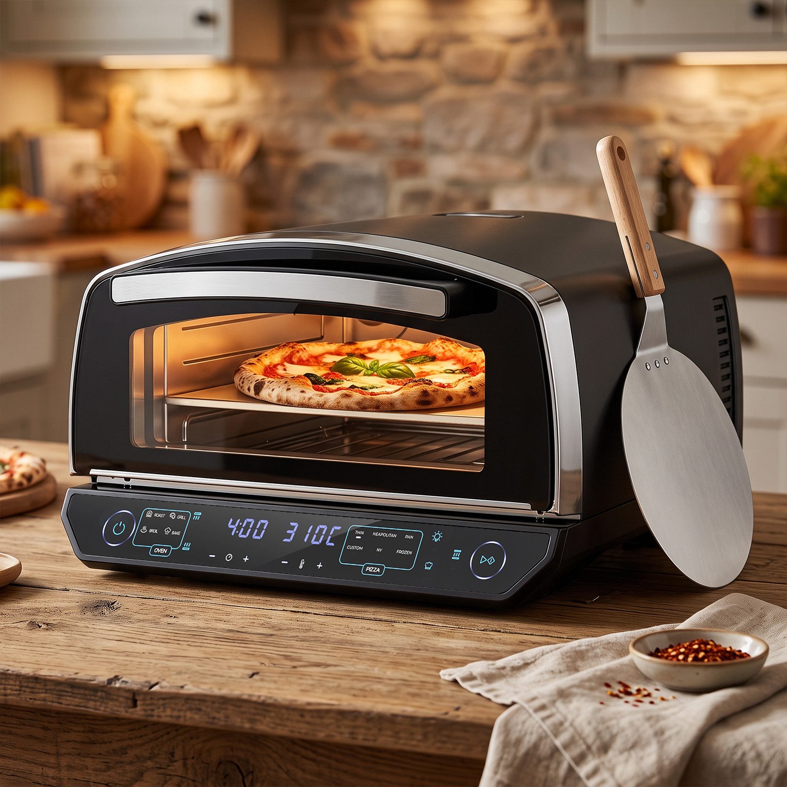 Rebonique Pizzaofen 13" bis 450°C, 2200W mit 6 Programmen, 4 Modi & Pizzastein, Separate Ober-/Unterhitze, Innenbeleuchtung, LED-Anzeige,Expertenmodus
