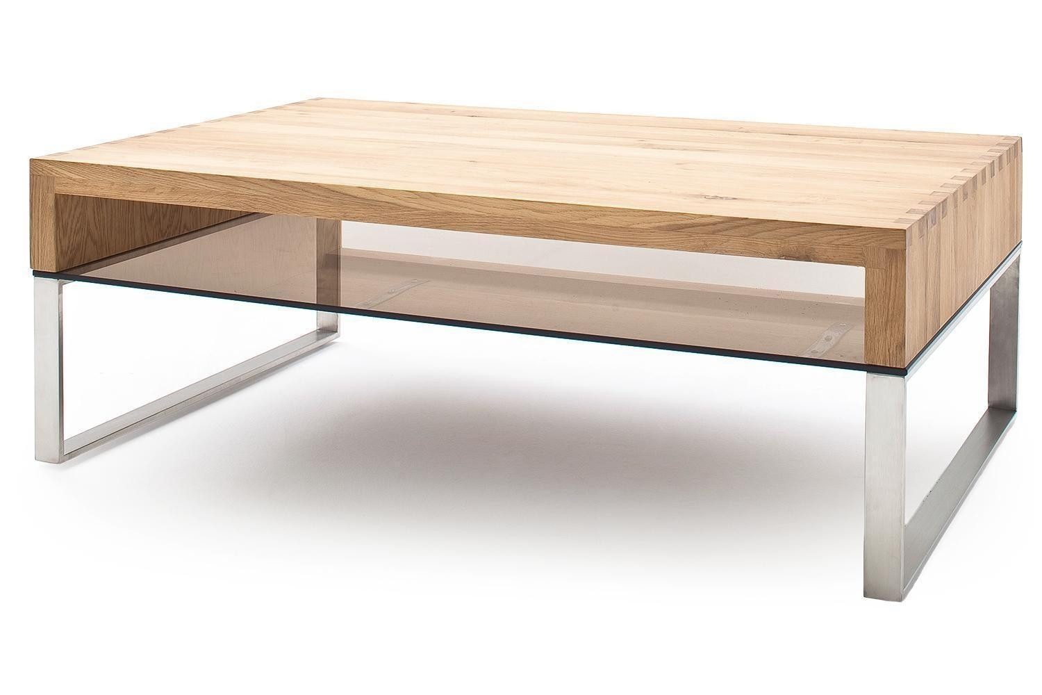 Couchtisch HILARY, Bronzefarben, Edelstahl, Ablage aus Glas, Asteichenholz massiv geölt, B 110 x H 39 x T 70 cm