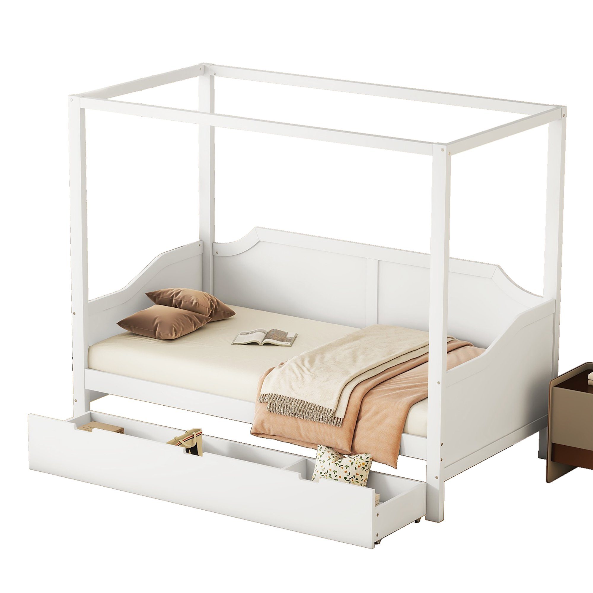 Merax Himmelbett cm 90x200 Schublade, Lattenrost, mit Holzbett, Weiß Tagesbett mit