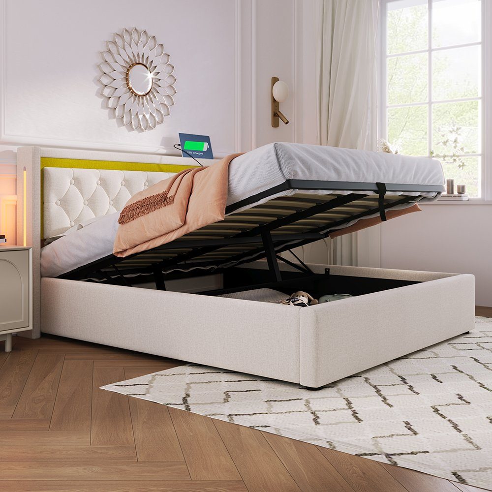 Polsterbett (160x200cm Doppelbett mit Lattenrost, LED-Beleuchtung und Matratze), Stauraumbett mit USB Typ C Ladefunktion Kopfteil, Baumwolle-Leinen