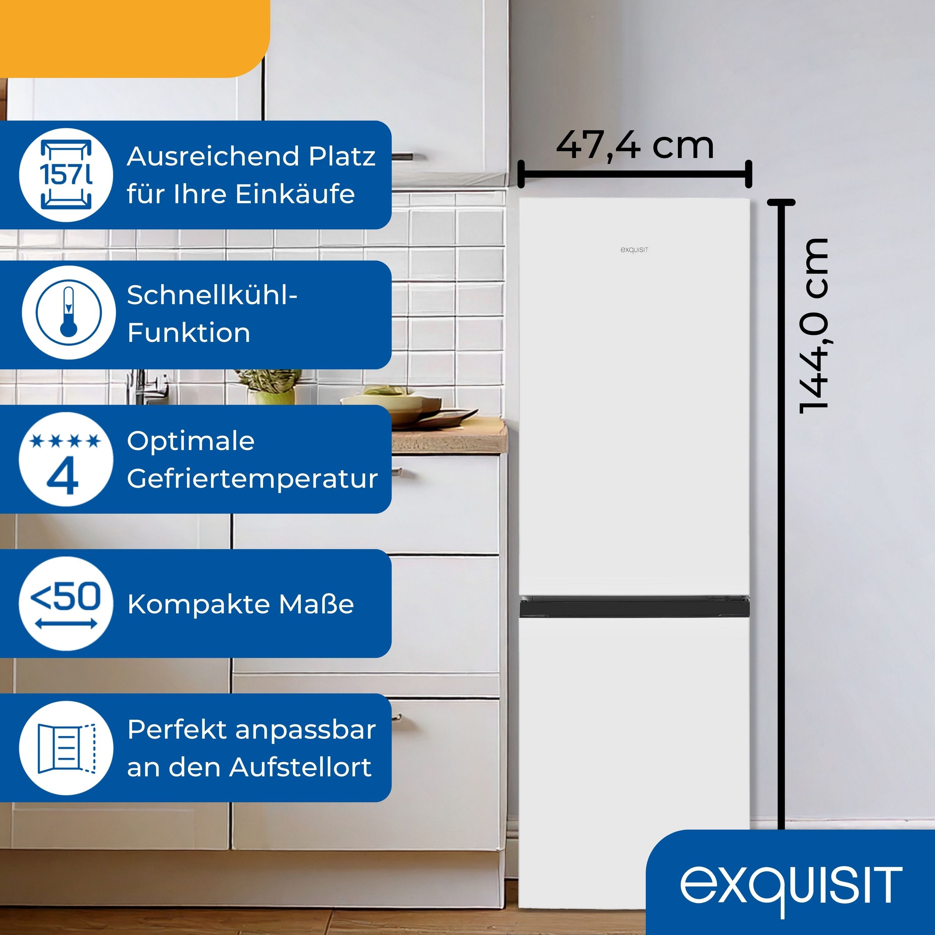 exquisit Kühl-/Gefrierkombination KGC5231-60-E-050C, 144 cm hoch, 47.4 cm breit, 4*-Gefrieren, Schnellkühlen, 157 Liter Nutzinhalt, 3 Ablagen