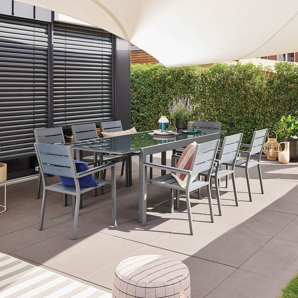 HOME DELUXE Sitzgruppe SOL MADERA, (1-tlg., Ausziehtisch, Terrassentisch, Balkontisch), schnell ausziehbar 180 - 240 cm, aus robustem Aluminium, Gartenmöbel