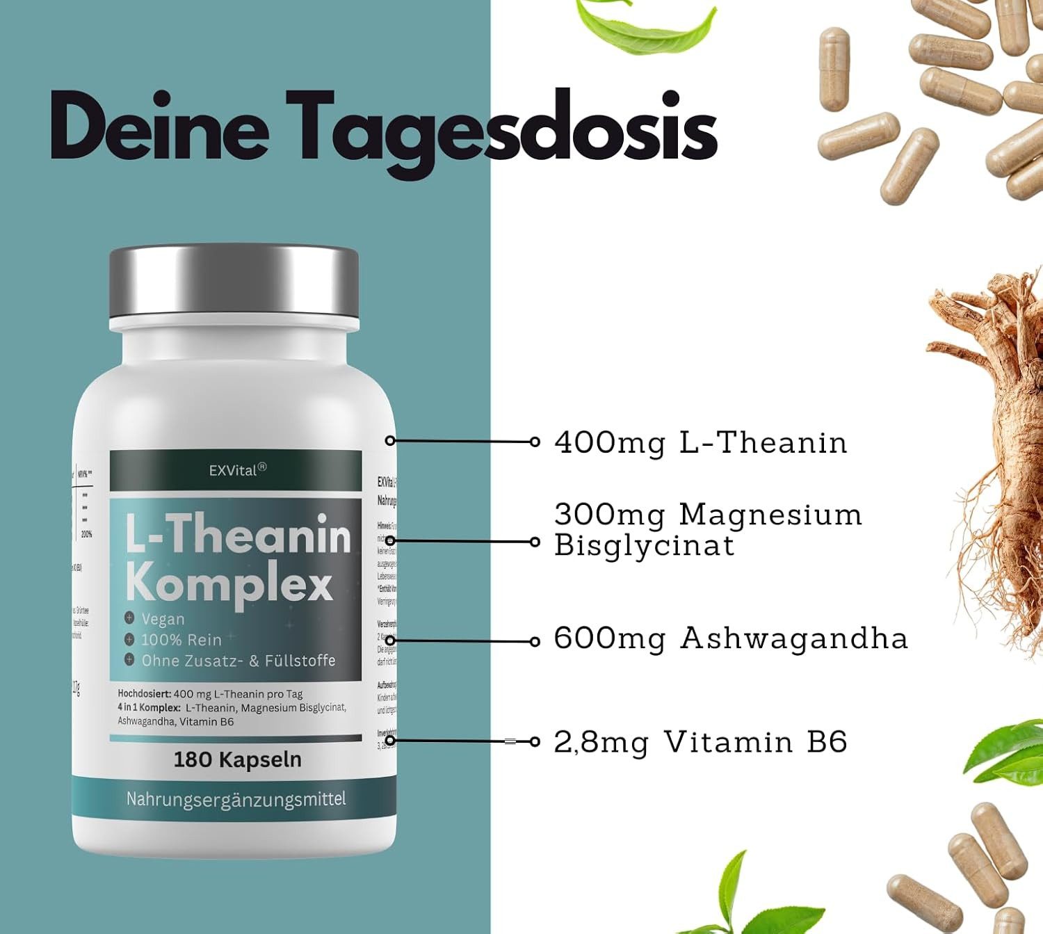 L-Theanin Komplex Kapseln mit Magnesium, Ashwagandha & Vitamin B6 Kapseln, 117 g