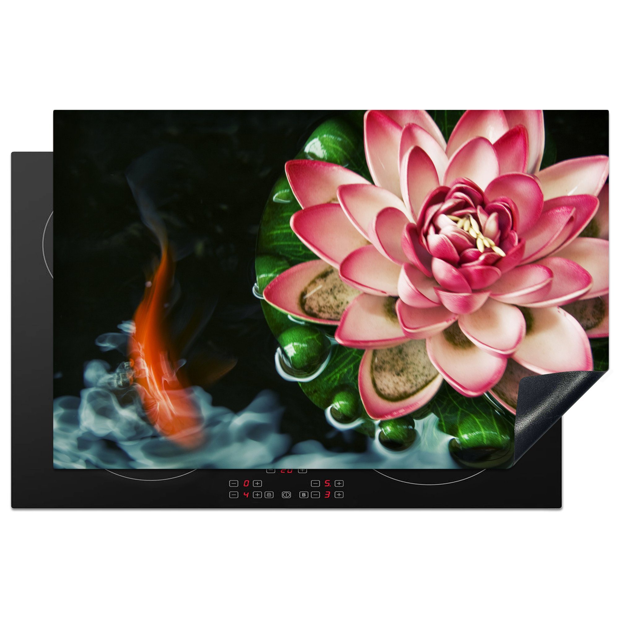 MuchoWow Herdblende-/Abdeckplatte Ein Koi-Karpfen mit einer rosa Blume, Vinyl, (1 tlg), 81x52 cm, Induktionskochfeld Schutz für die küche, Ceranfeldabdeckung