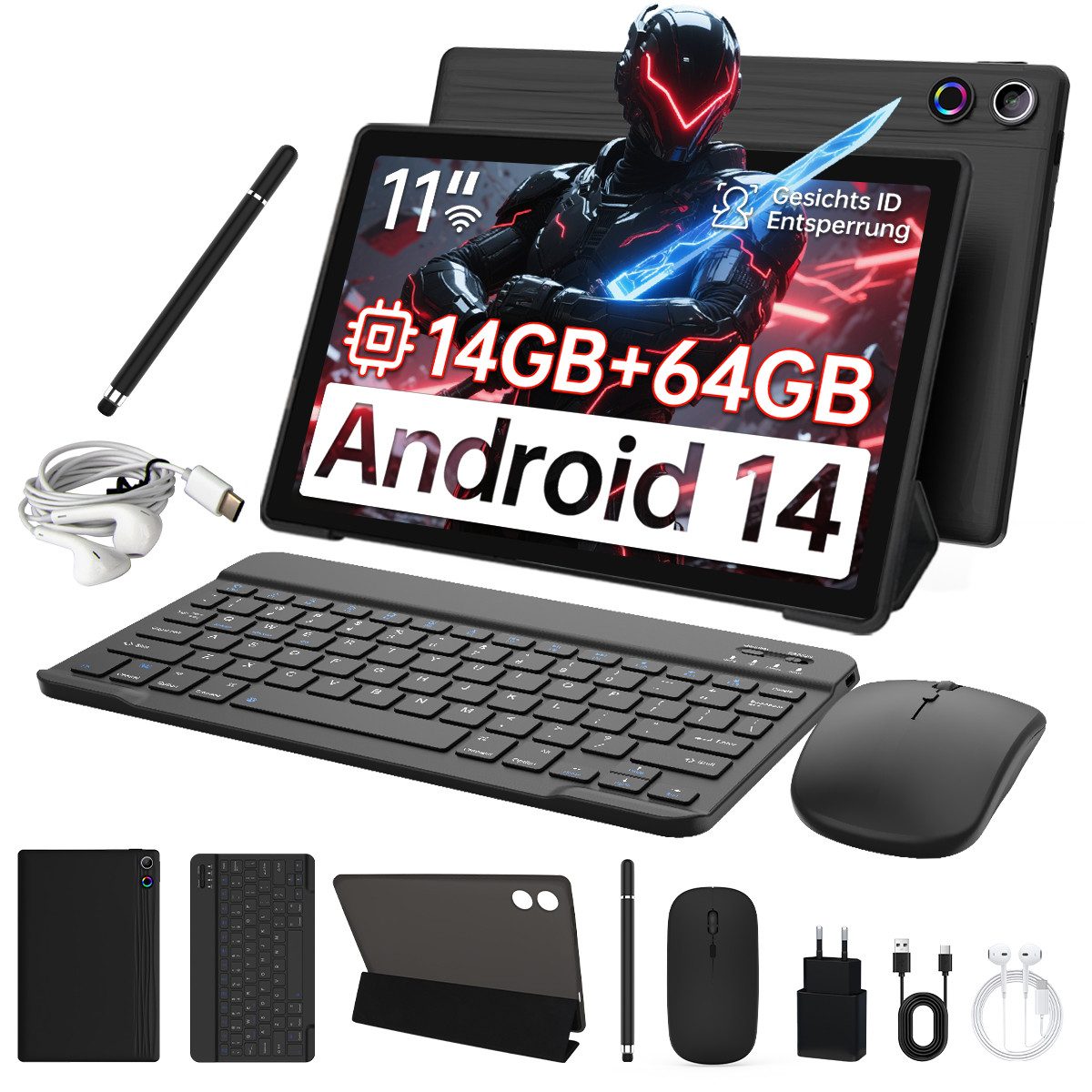 BUFO 11 Zoll 3 GB+64 GB, 6800mAh, WiFi 6, mit Maus Tastatur Stift Hülle Set Tablet (11", 64 GB, Android, AIC8800D80 802.11 a/b/g/n/ax/ac (WiFi 6) + BT5.3, Android 14, Duale Kamera, 1280x800 IPS HD, WiFi 6, Bluetooth 5.3)