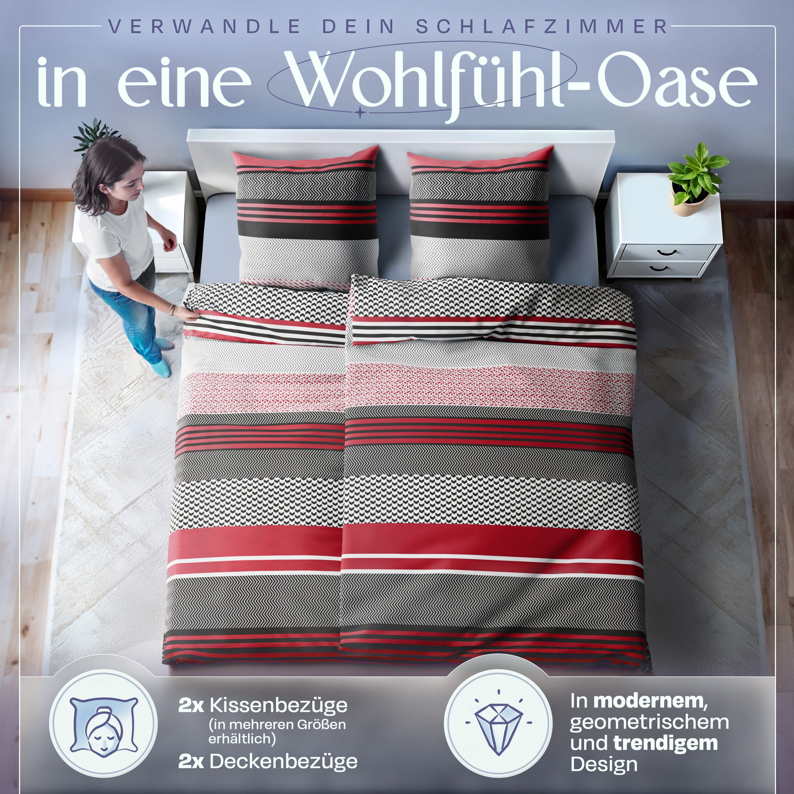 Sentidos Bettwäsche Set 135x200cm 4teilig %100 Baumwolle, Baumwolle, 4 teilig, mit Reißverschluss, geeignet für Winter oder Sommer