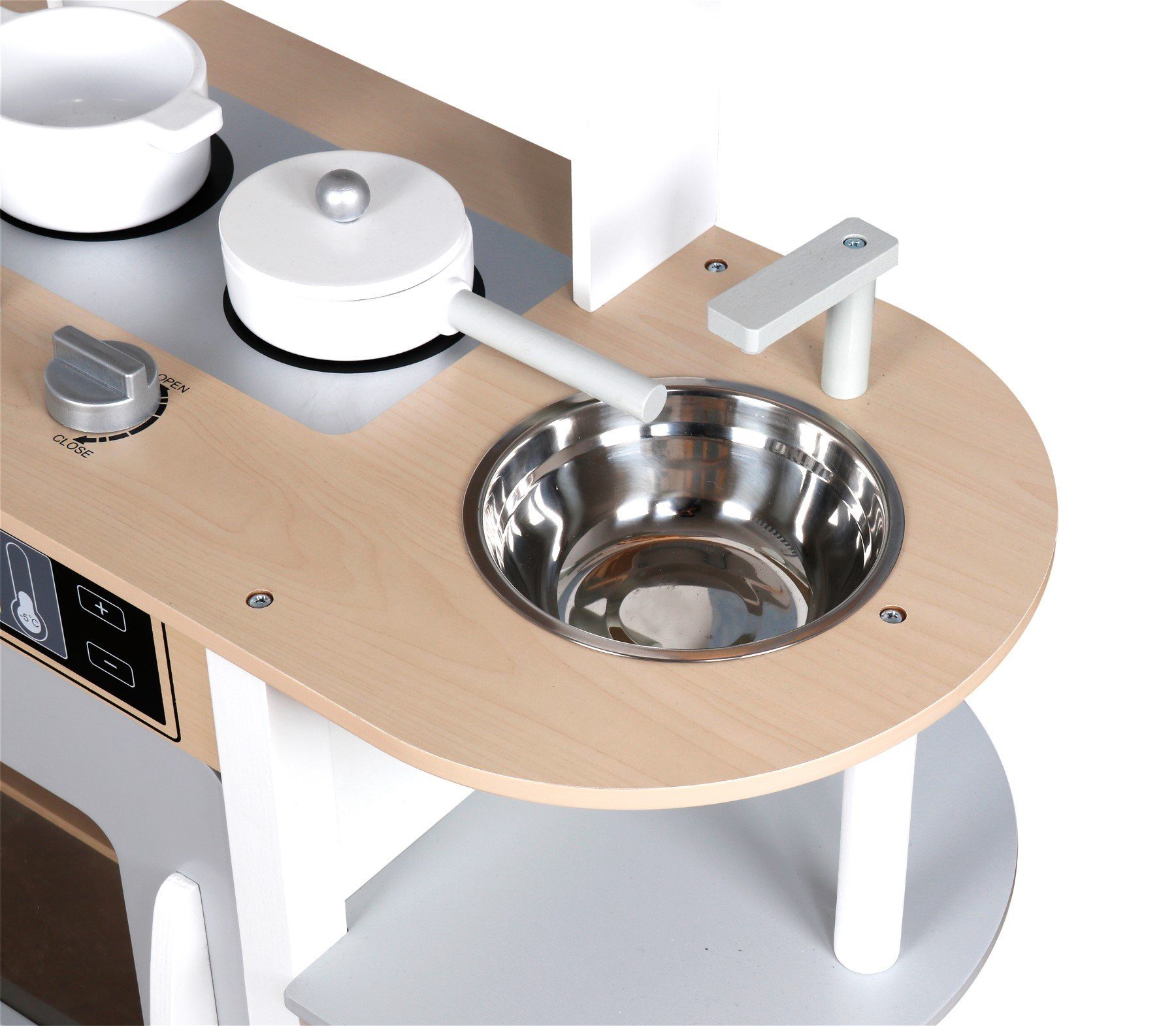 TikTakToo Spielküche Kinderküche mit Zubehör Kochgeschirr Schürze Holzküche Weiß Holz, aus FSC-Holz, mit Topf und Pfanne, Mikrowelle und Backofen