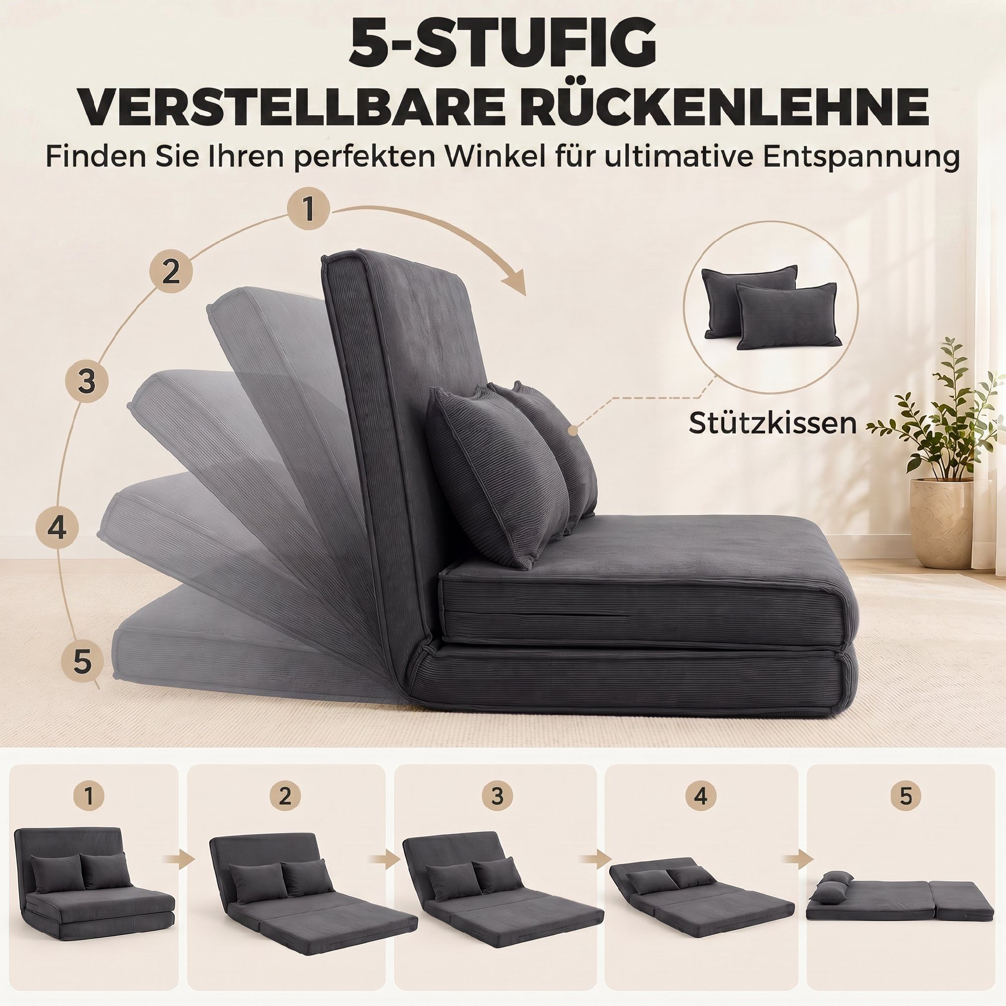 HOMCOM Bodenkissen 3 in 1 Schlafsofa Klappsofa mit 2 Kissen und Verstellbarer Rückenlehne, 3-in-1, 5-fach verstellbar, 2 Kissen – Bild 5 von 5
