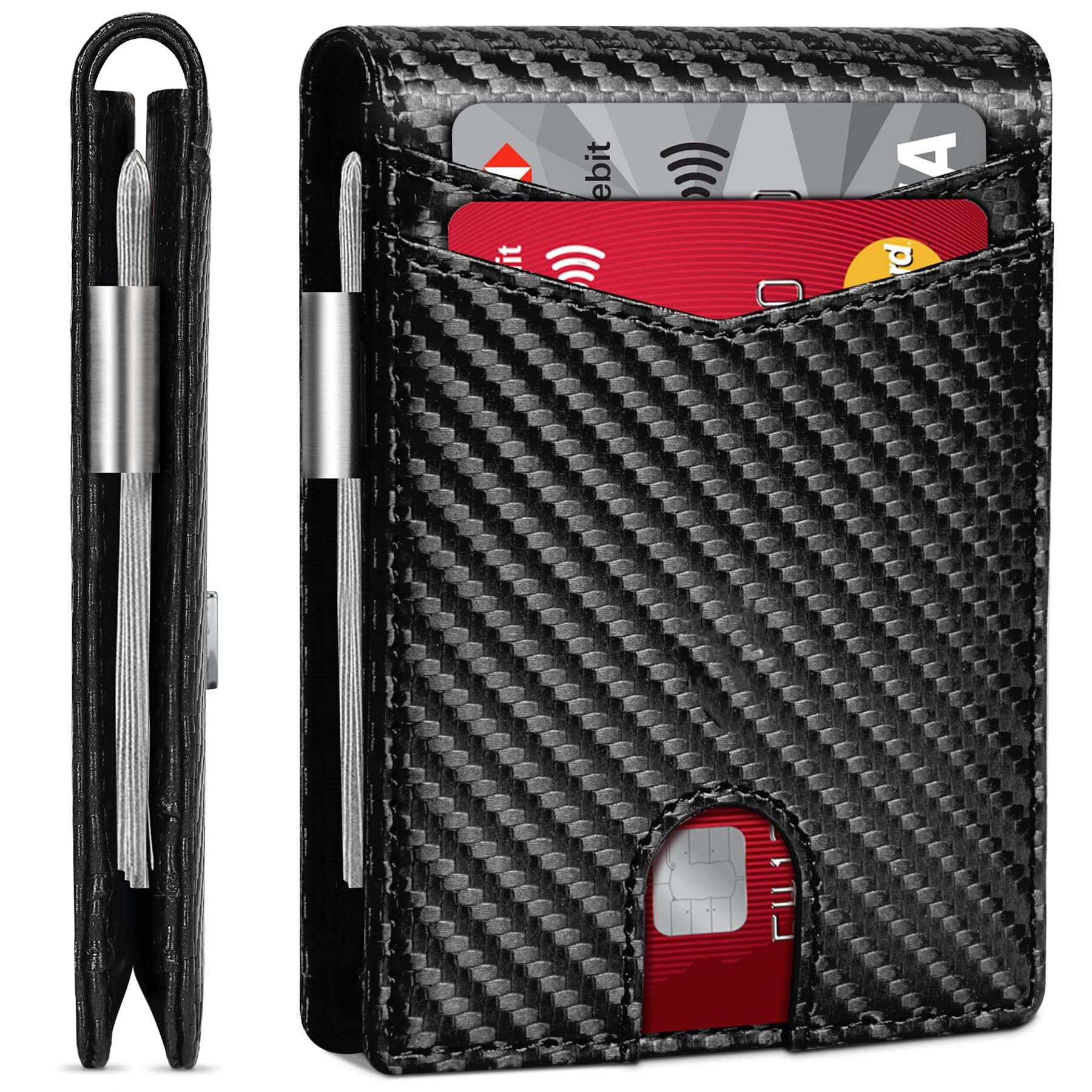 ibettertec Mini Geldbörse Geldbörse Herren Slim Wallet RFID Blocking Kohlefaserleder (Portmonee Herren mit 11 Kartenetui, Ausweisfenster, Geldscheinklammer, Minimalistischer Geldbeutel Herren,Geldbörse Herren mit RFID Schutz, Portmonee Portemonnaie Herren