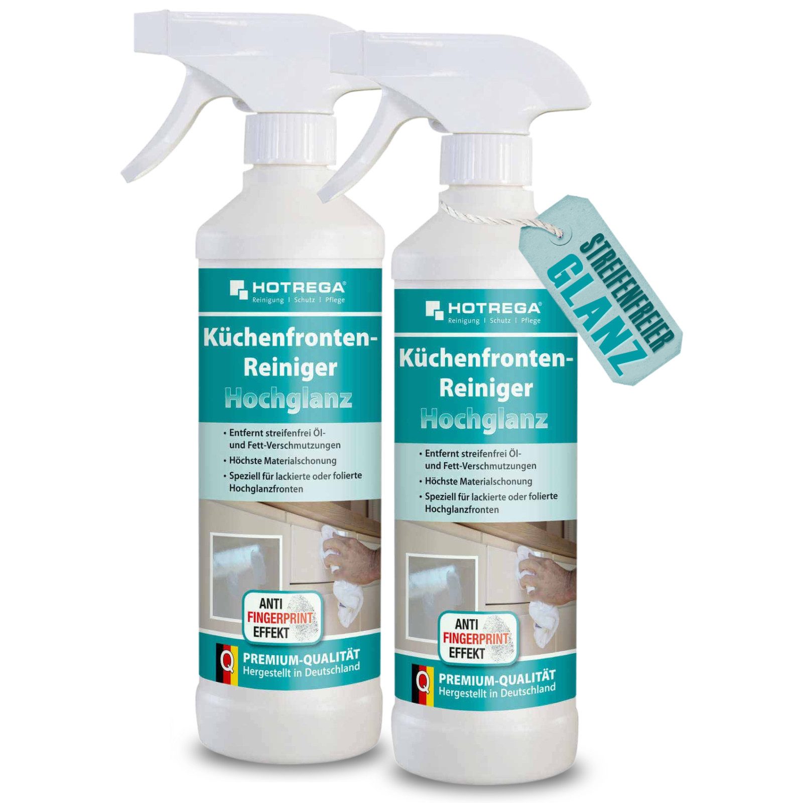HOTREGA® Küchenfrontenreiniger Hochglanz Küchenreiniger Glasreiniger 2x 500ml Küchenreiniger