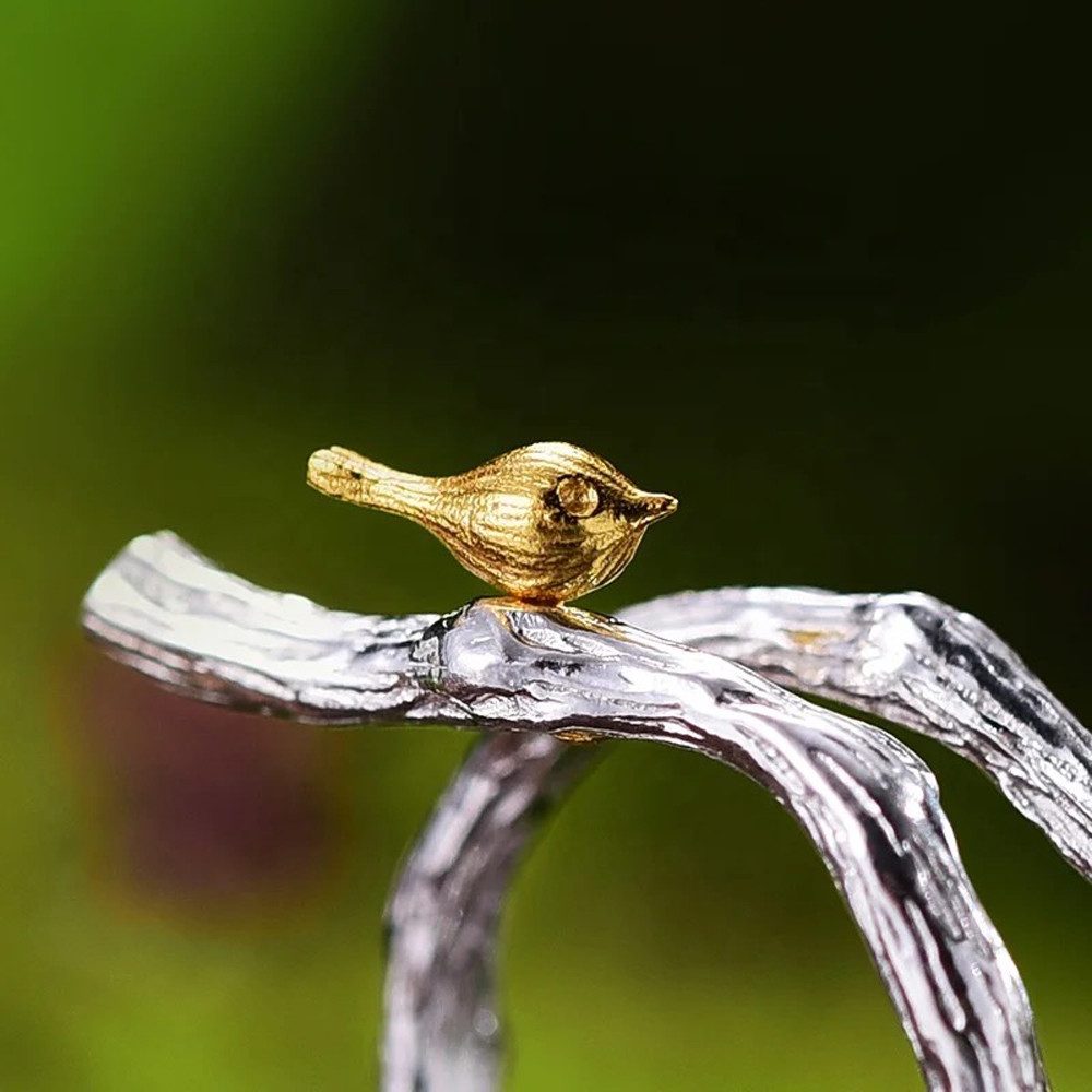 Runde Perlé Silberring Vögel auf Ast, günstig online kaufen