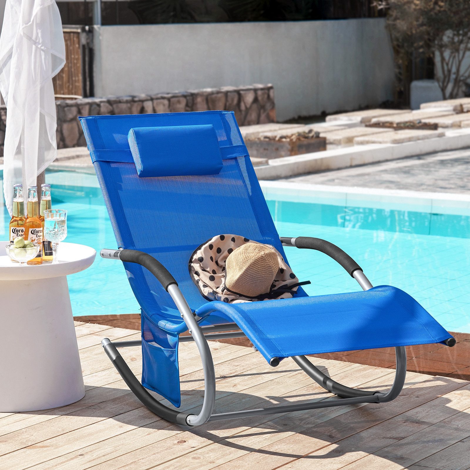 SoBuy Gartenliege OGS28, Relaxliege Schaukelliege Strandliege Outdoor Gartenmöbel, Sonnenliege mit Kopfkissen Liegestuhl Schaukelstuhl, Outdoor Camping