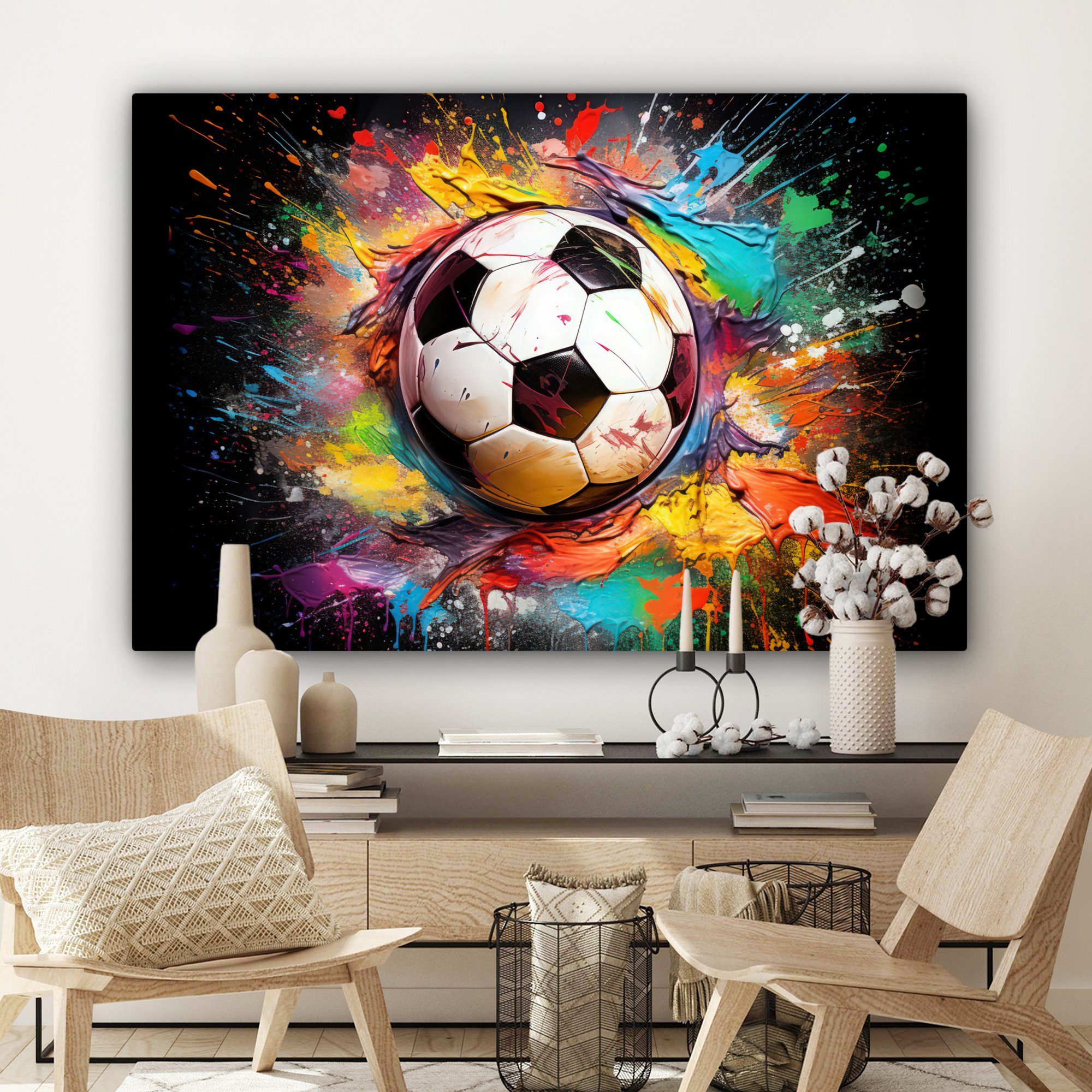 Fußball Schwarz (1 Farbe alle Farben OneMillionCanvasses® Weiß, St), Wohnbereiche, 120x80 für cm - - - Leinwandbild Wandbild XXL, Gemälde, - großes,