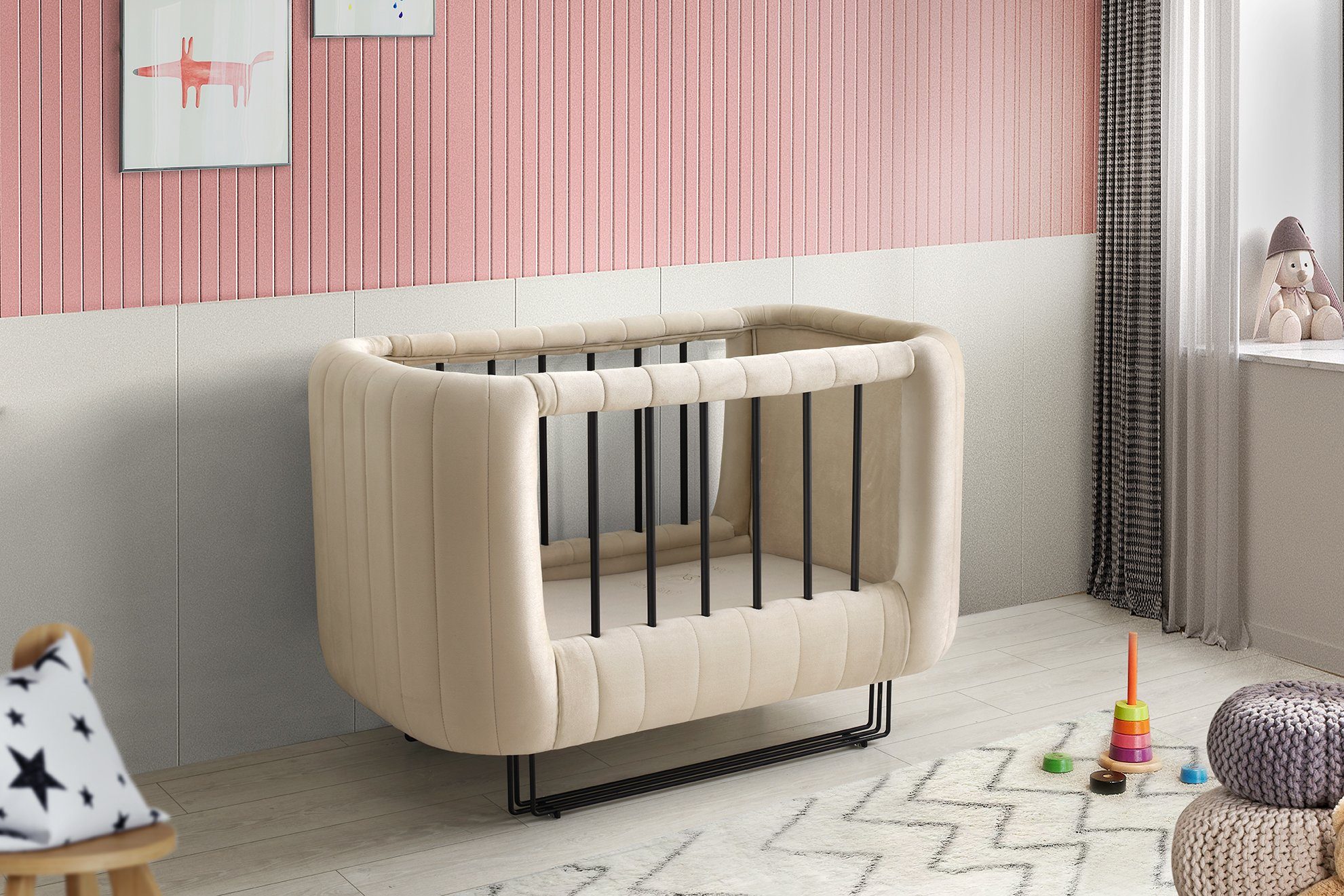 Jabari Babybett Wollbäckchen - Mega-Deal: 25% Extra-Rabatt, Designer Chesterfield Gitterbett 70x120 Handmade in Germany