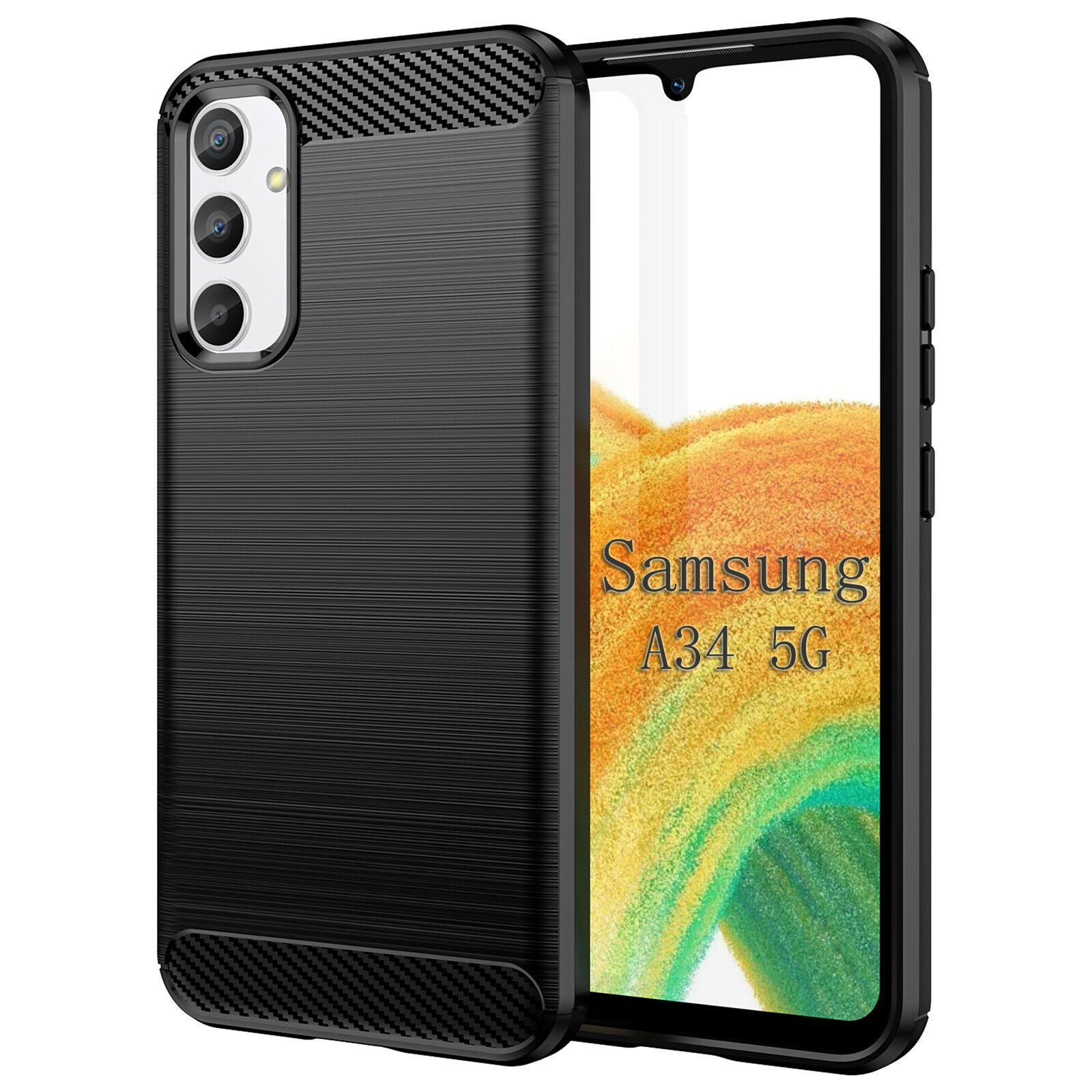 betterfon Handyhülle Carbon Hülle für Samsung Galaxy A34 5G Backcover TPU Silikon Schwarz, Carbon-Look – stoßfestes Case mit Air-Cushion & Metall-Optik