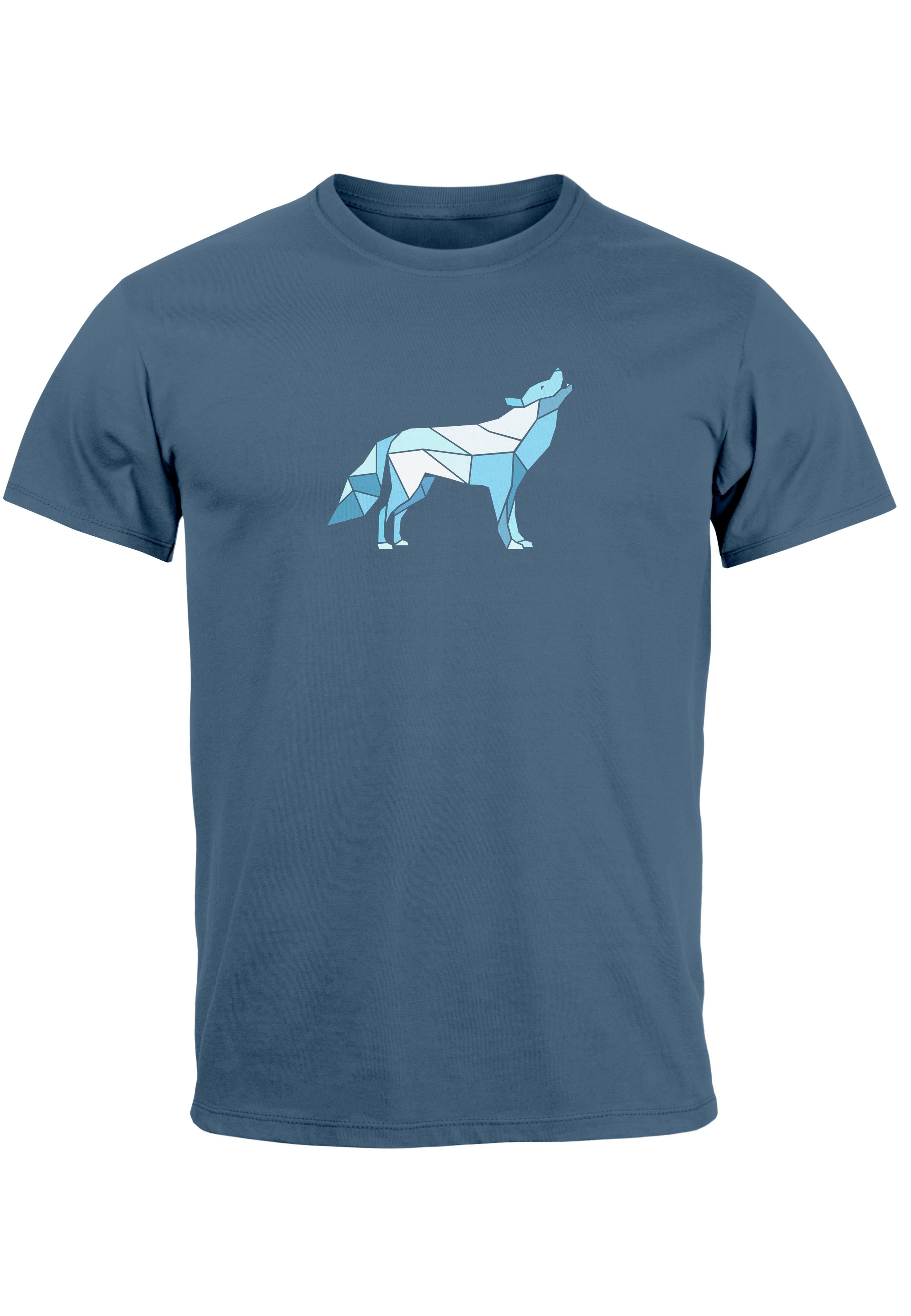 Bedruckt Polygon T-Shirt Tiermotiv denim Herren blue Grafik Print Neverless Wolf Print-Shirt mit Fashion Outdoor