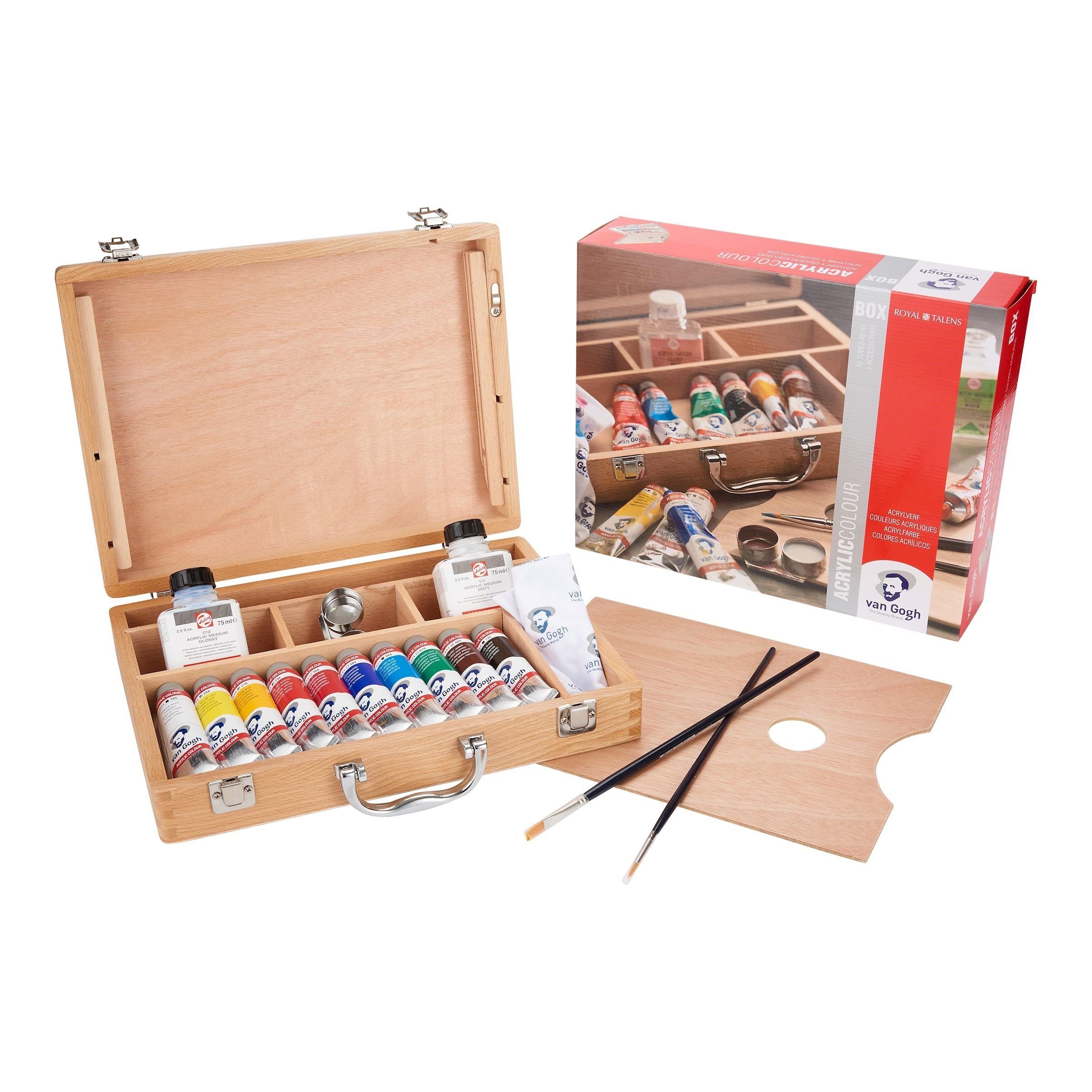 Talens Kreativset Van Gogh Acrylfarben Basic mit 10 Farben in 40 ml-Tuben + Zubehör, (16-tlg), kraftvolle Farbe Wasserverdünnbar, kurze Trocknungszeit, Lichtechtheit